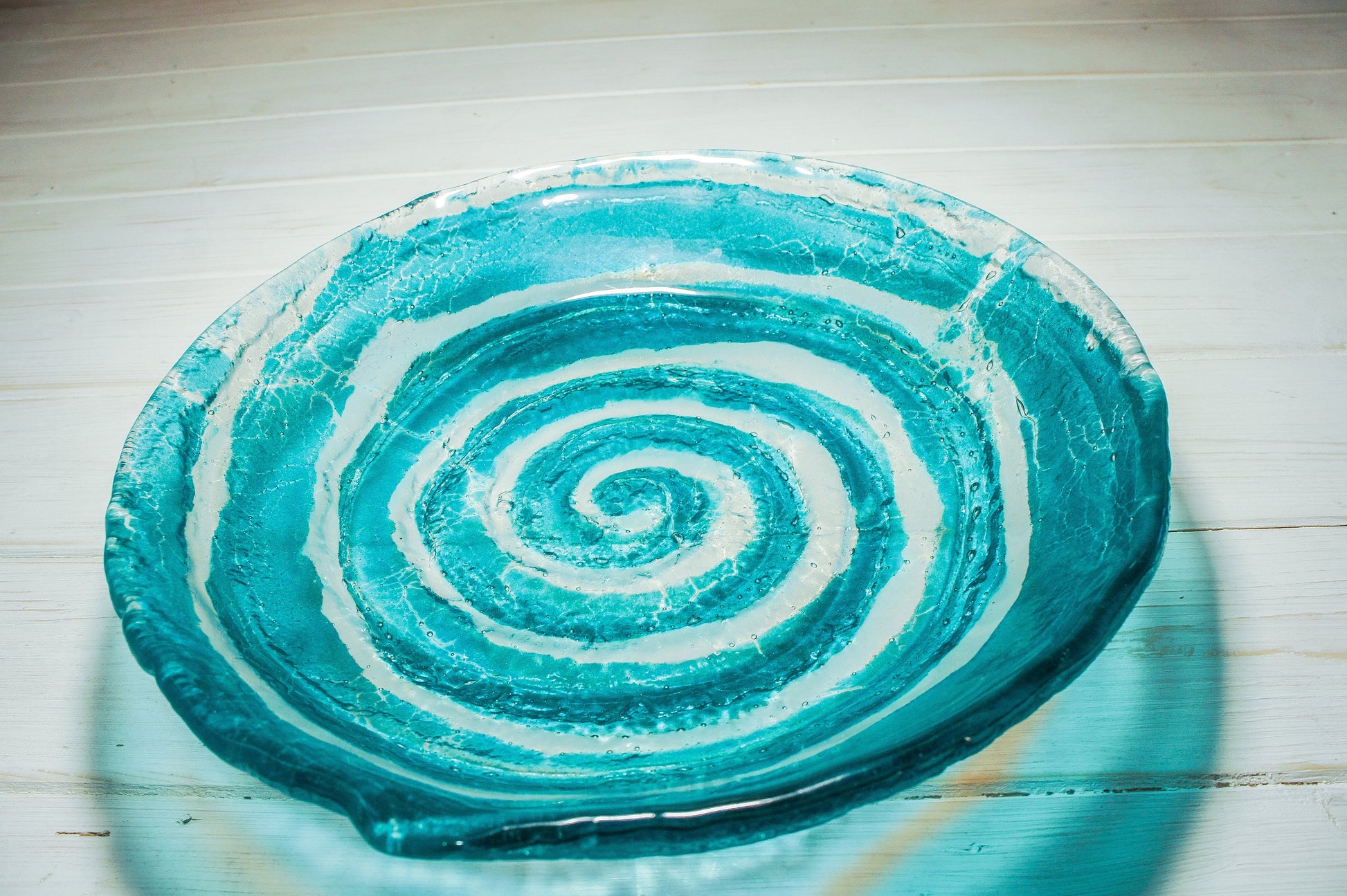 table centerpiece	handmade bowl	housewarming gift	couples gift	Turquoise Swirl	Fused Glass Bowl	Teal Swirl	Glass Fruit Bowl	engagement present	glass ornament	first home gift	beach house decor	coffee table decor