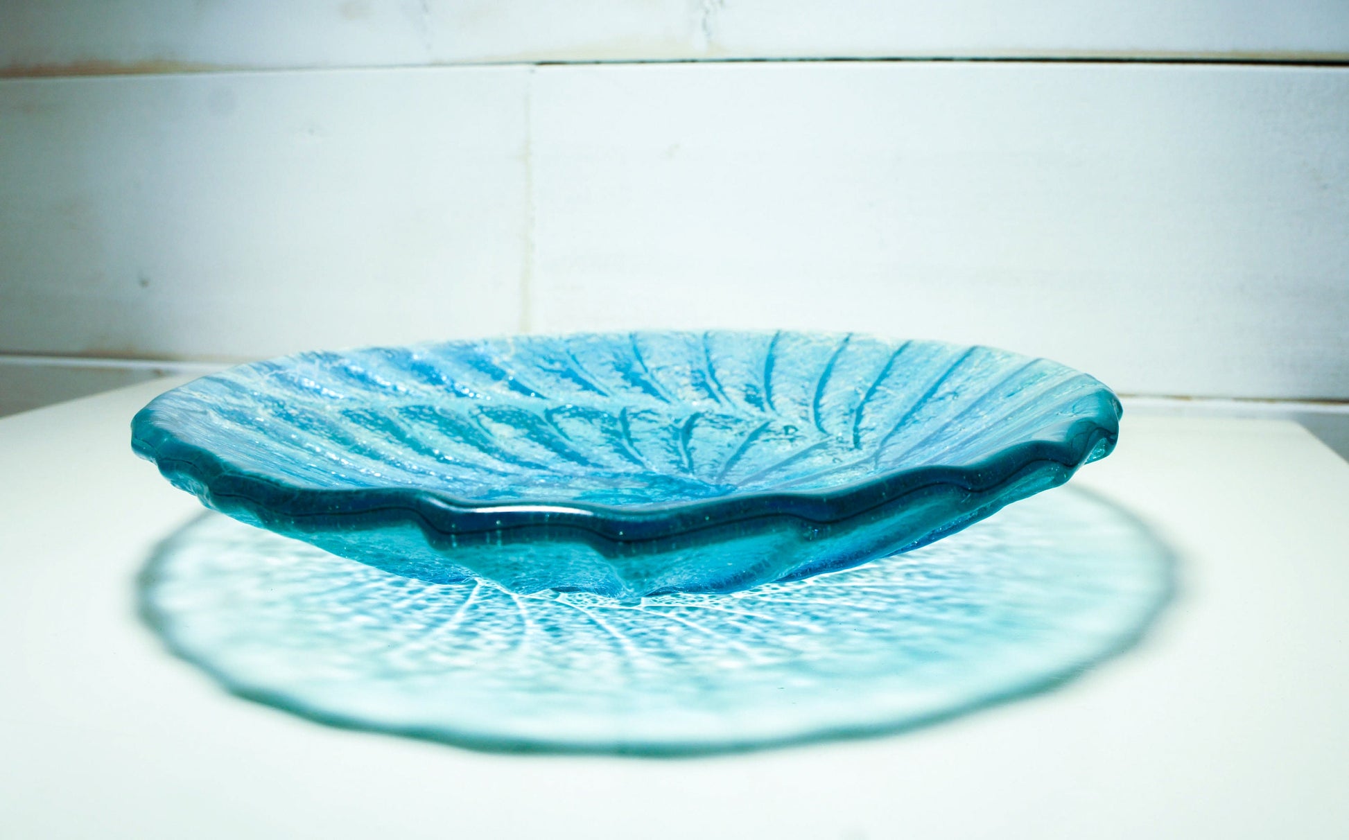 fused glass blue ammonite bowl, handmade fused glass key rest, decorative bowl