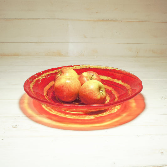 red glass fruit swirl bowl 29cm, fused glass red swirl bowl, red and yellow fused glass bowl, decorative bowl, gift bowl
