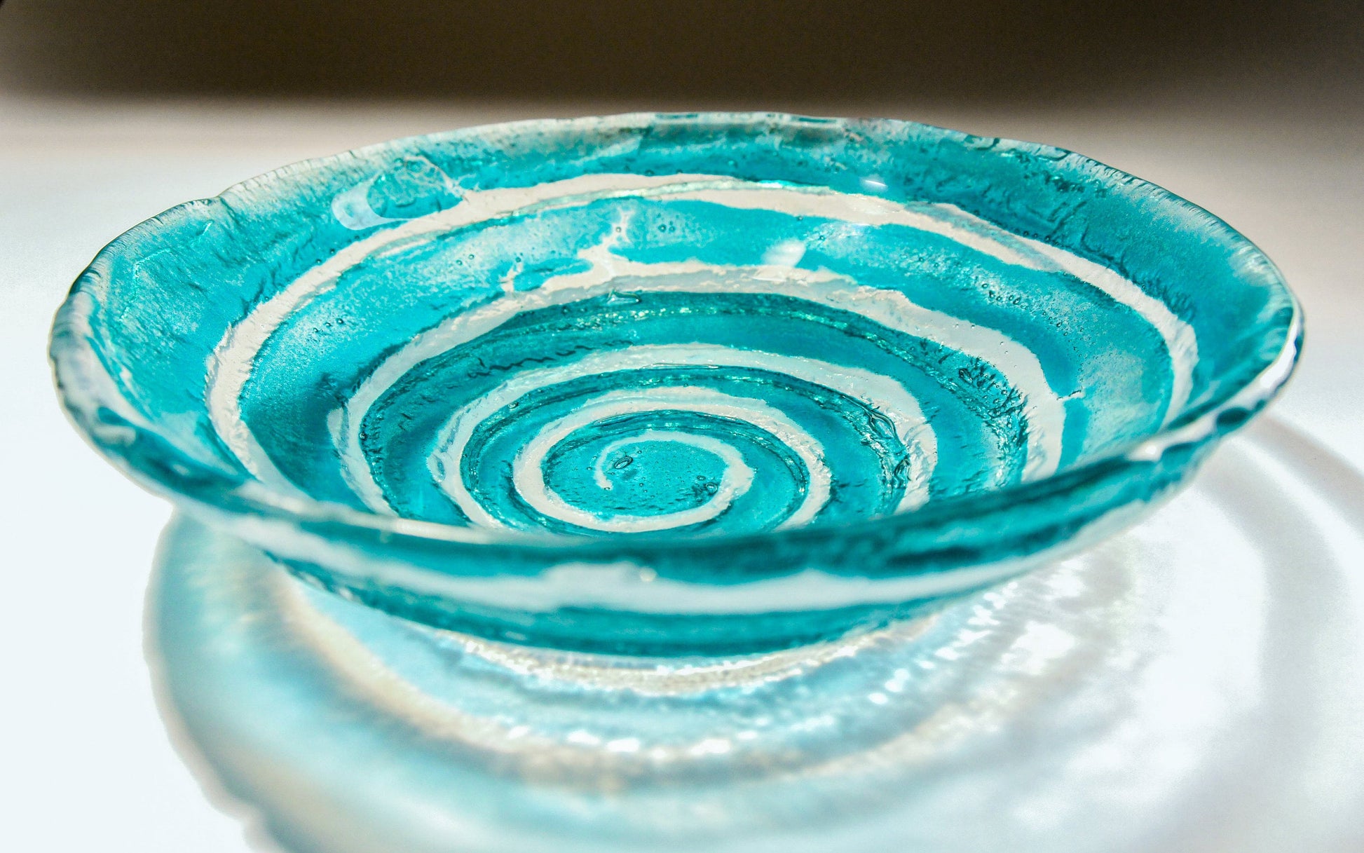 table centerpiece	handmade bowl	housewarming gift	couples gift	Turquoise Swirl	Fused Glass Bowl	Teal Swirl	Glass Fruit Bowl	engagement present	glass ornament	first home gift	beach house decor	coffee table decor