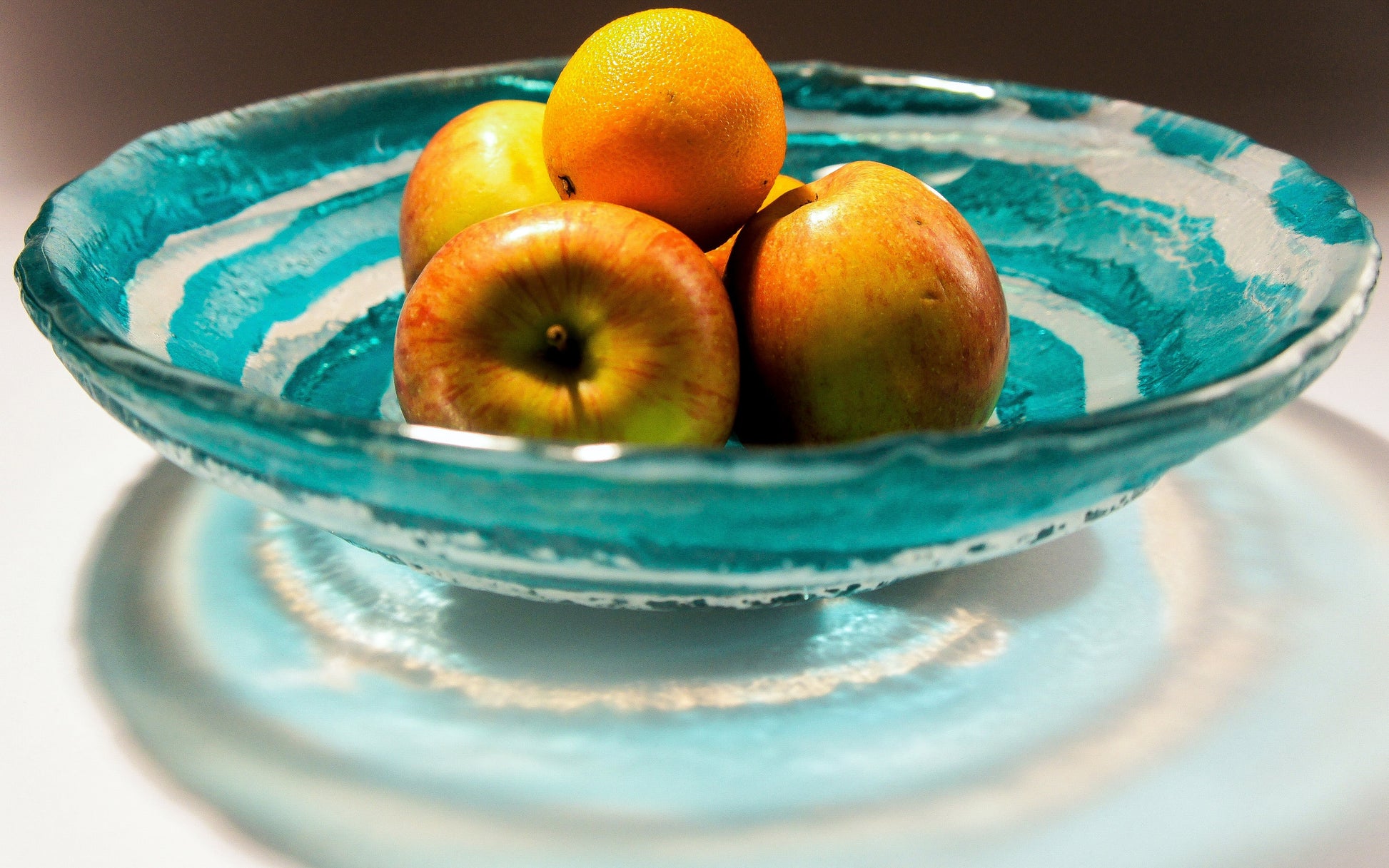 table centerpiece	handmade bowl	housewarming gift	couples gift	Turquoise Swirl	Fused Glass Bowl	Teal Swirl	Glass Fruit Bowl	engagement present	glass ornament	first home gift	beach house decor	coffee table decor