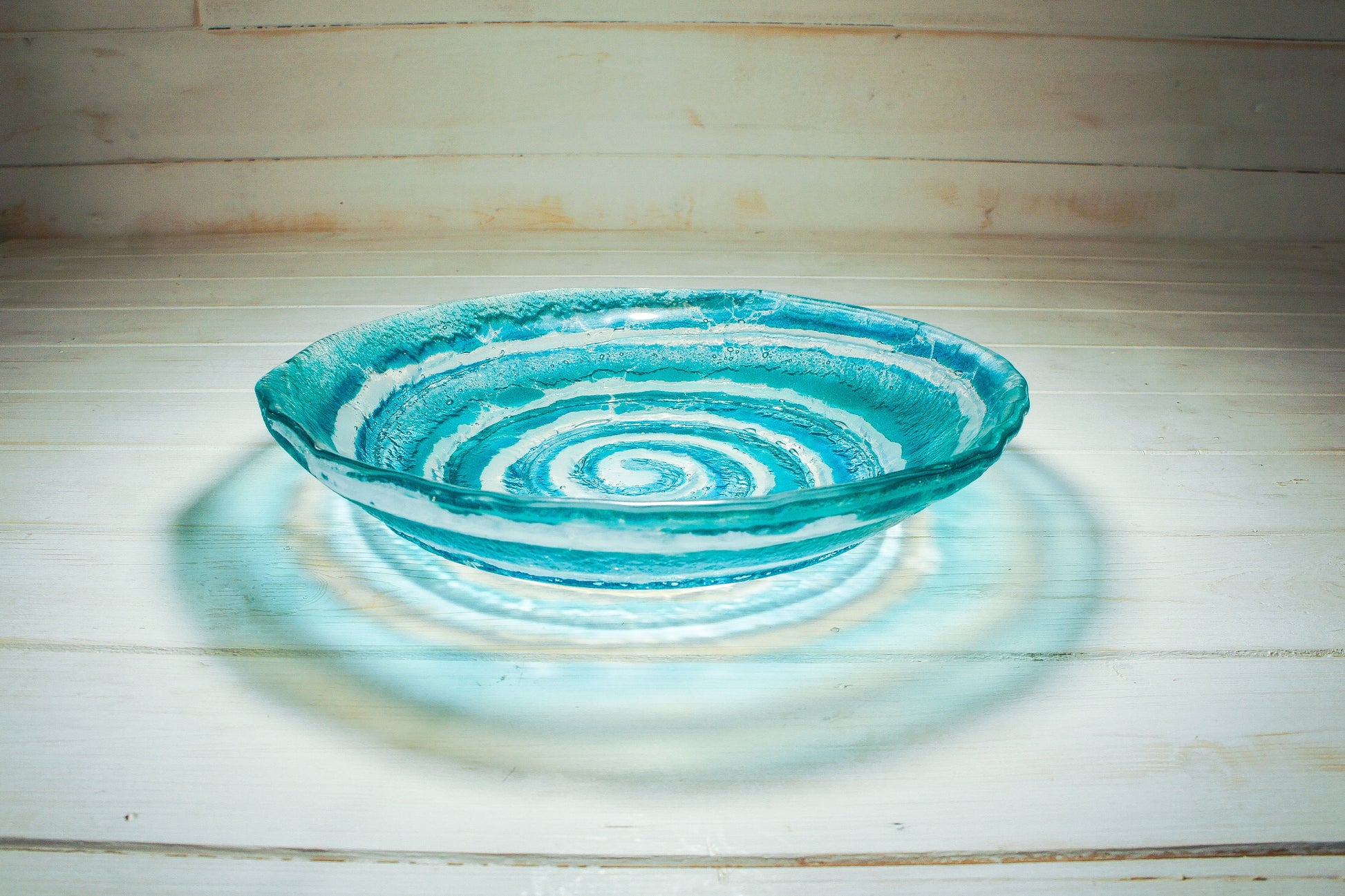 table centerpiece	handmade bowl	housewarming gift	couples gift	Turquoise Swirl	Fused Glass Bowl	Teal Swirl	Glass Fruit Bowl	engagement present	glass ornament	first home gift	beach house decor	coffee table decor