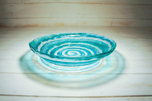 table centerpiece	handmade bowl	housewarming gift	couples gift	Turquoise Swirl	Fused Glass Bowl	Teal Swirl	Glass Fruit Bowl	engagement present	glass ornament	first home gift	beach house decor	coffee table decor