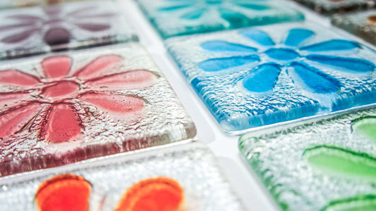 2 Daisy Glass Coasters, Choose the colours, fused glass flower coasters, sea glass daisy coasters, fused glass tableware, matt adkins