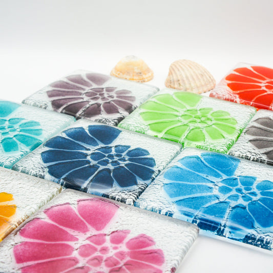 Set of 2 handmade fused glass coaster, single coaster, ammonite, shell, fossil, gift, house warming gift, mothers day gift, handmade coaster, multi coloured coaster, personalised coaster, wall tile, tile coaster, set of 2