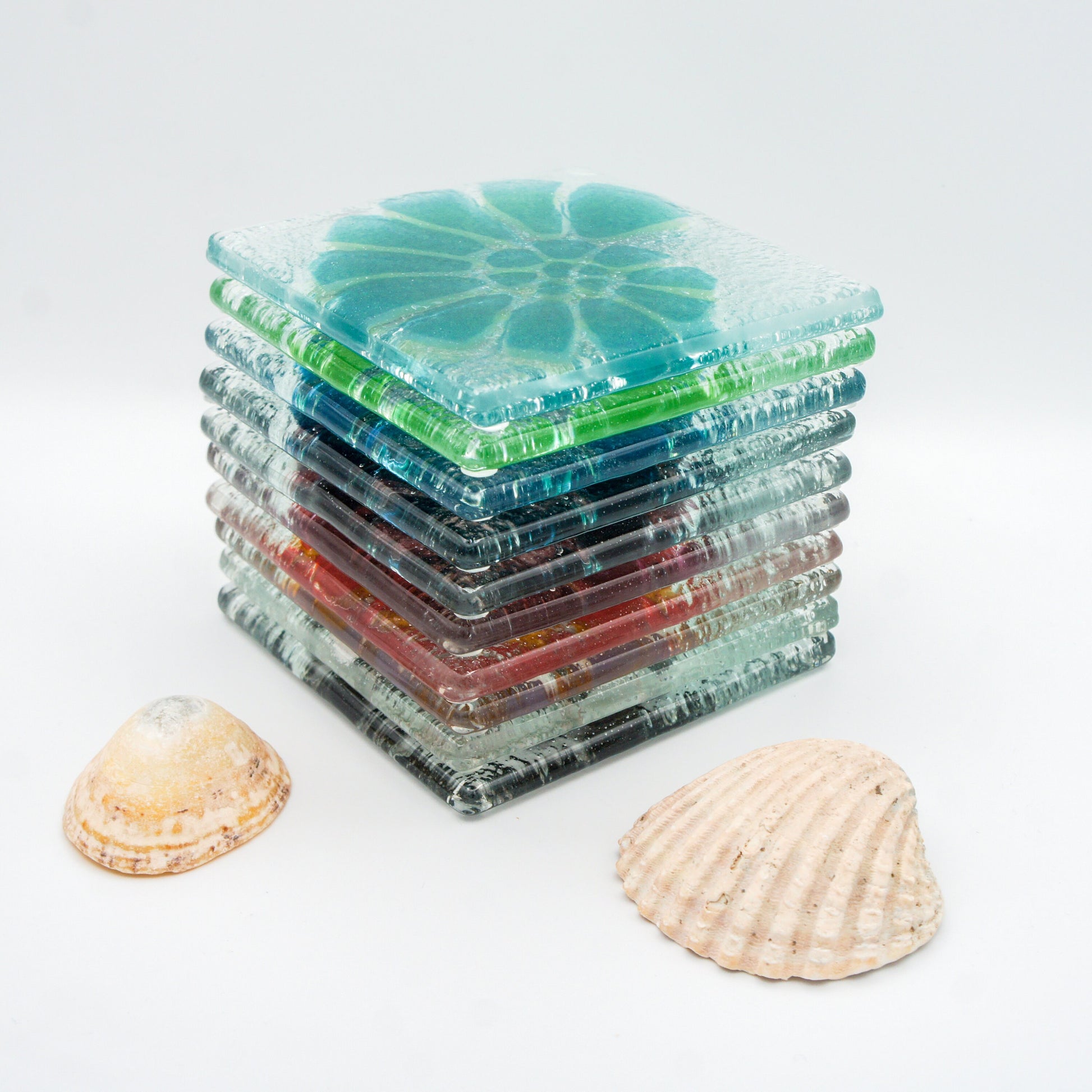 Set of 4 handmade fused glass coaster, single coaster, ammonite, shell, fossil, gift, house warming gift, mothers day gift, handmade coaster, multi coloured coaster, personalised coaster, wall tile, tile coaster, set of 4