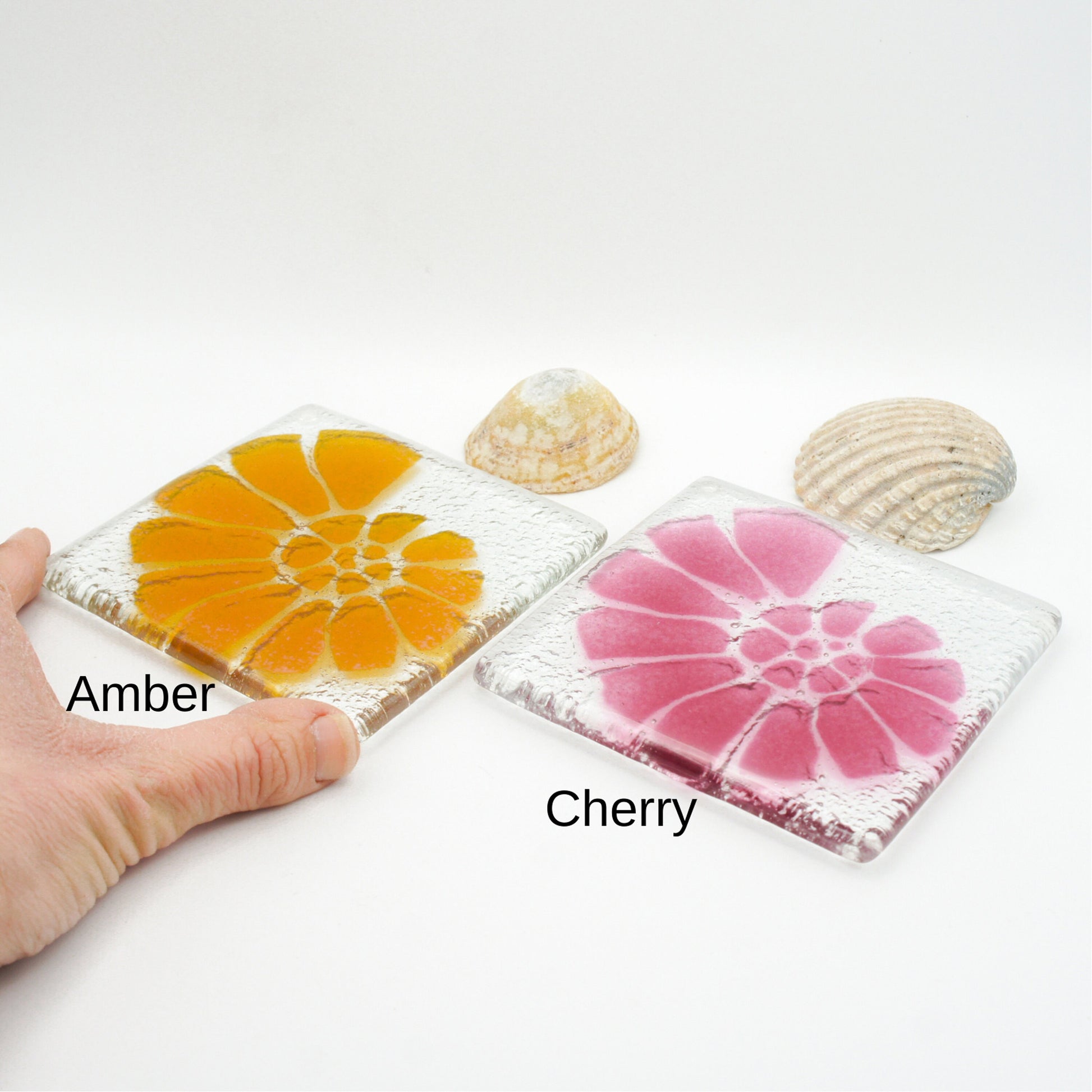 Set of 4 handmade fused glass coaster, single coaster, ammonite, shell, fossil, gift, house warming gift, mothers day gift, handmade coaster, multi coloured coaster, personalised coaster, wall tile, tile coaster, set of 4