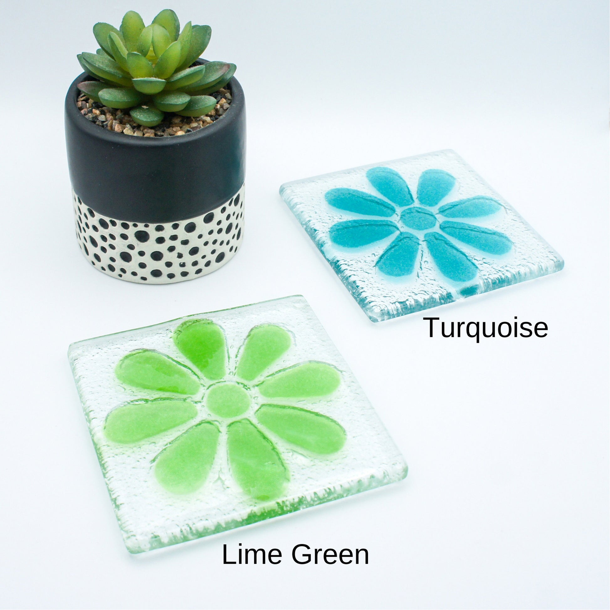 2 Daisy Glass Coasters, Choose the colours, fused glass flower coasters, sea glass daisy coasters, fused glass tableware, matt adkins