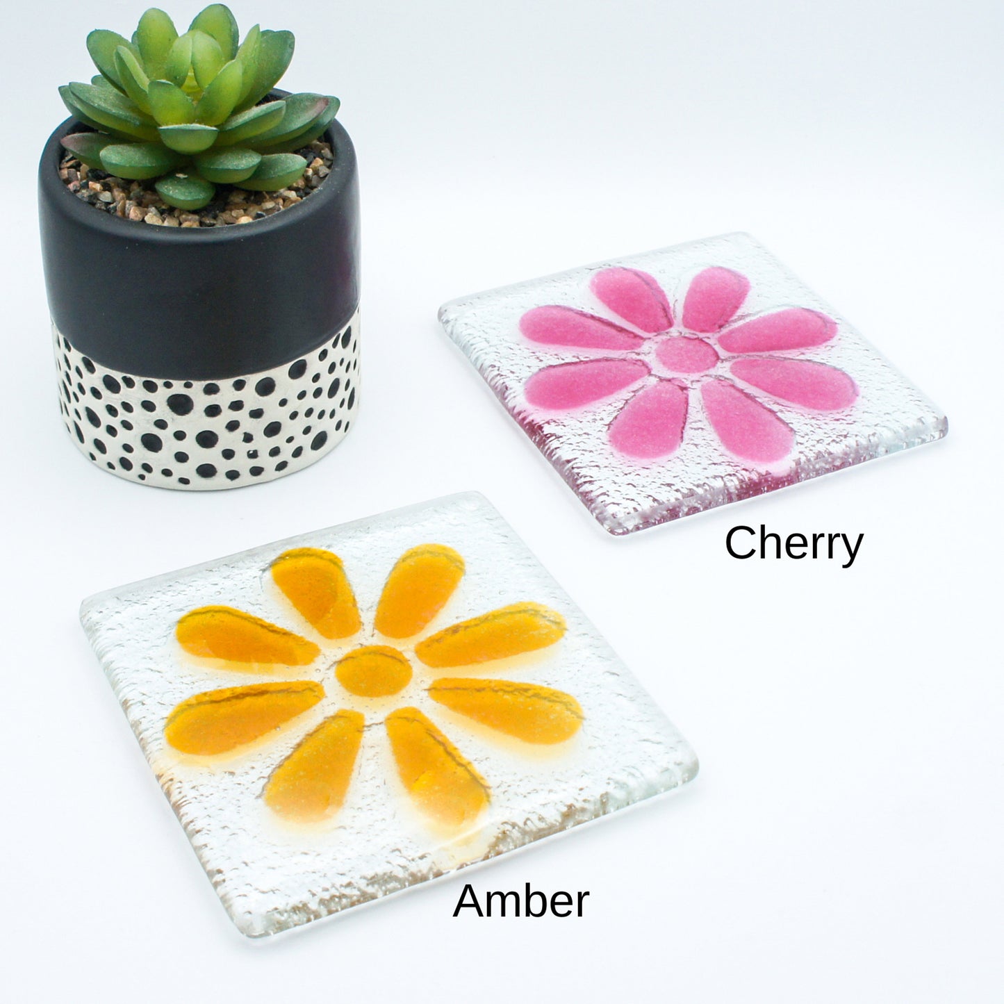 fused glass coasters, flower coaster,	coaster set	dating anniversary	custom coaster	placemats	drinkware	sea glass art	hostess gift	daisy	new home gift	engagement present	house warming	wedding present
