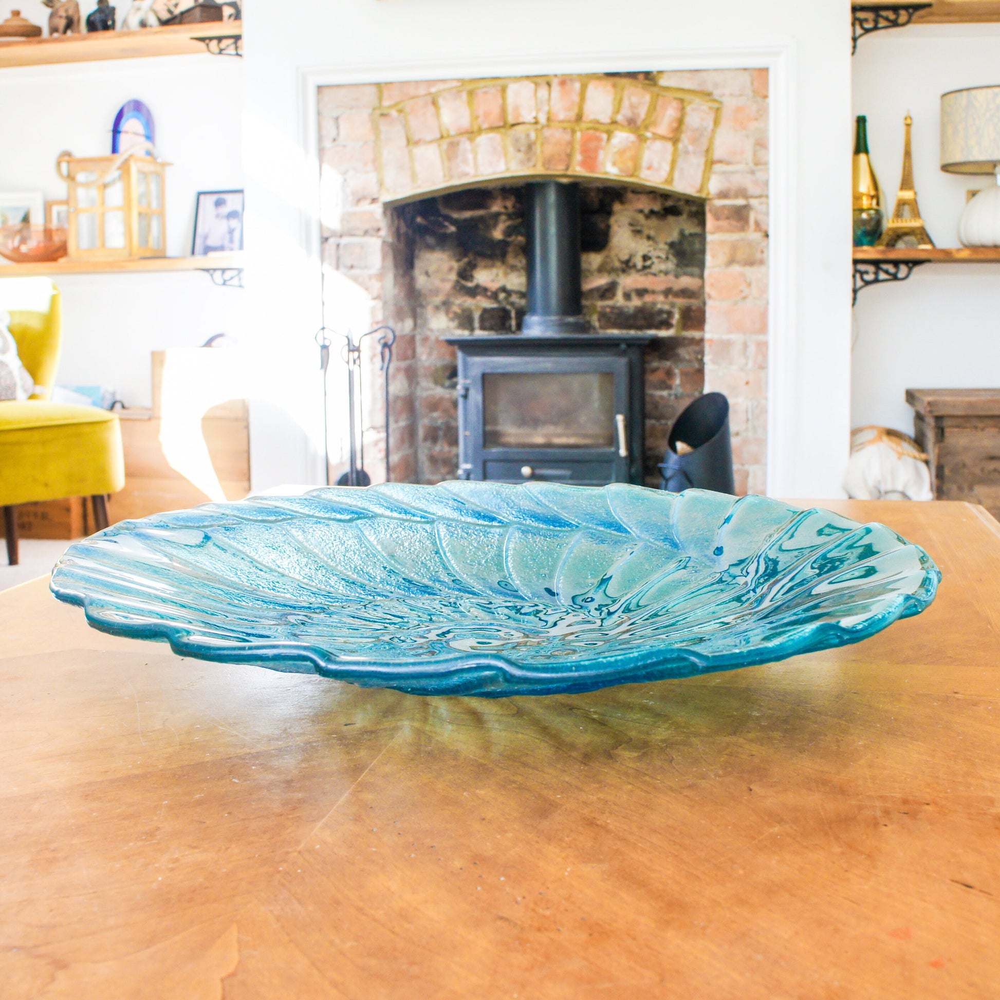 glass bowl, fruit bowl, ammonite glass fruit bowl, fossil ornament, blue teal bowl decor,Beach House Decor, Decorative Bowl, Glass Art