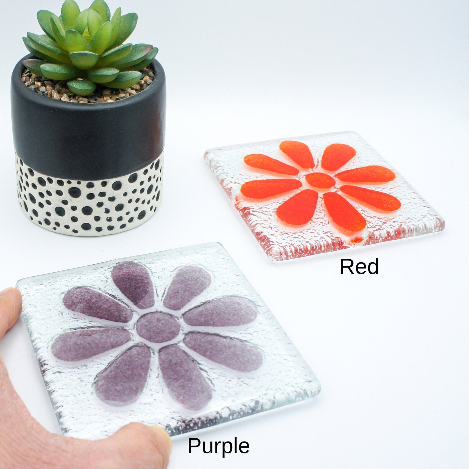 2 Daisy Glass Coasters, Choose the colours, fused glass flower coasters, sea glass daisy coasters, fused glass tableware, matt adkins