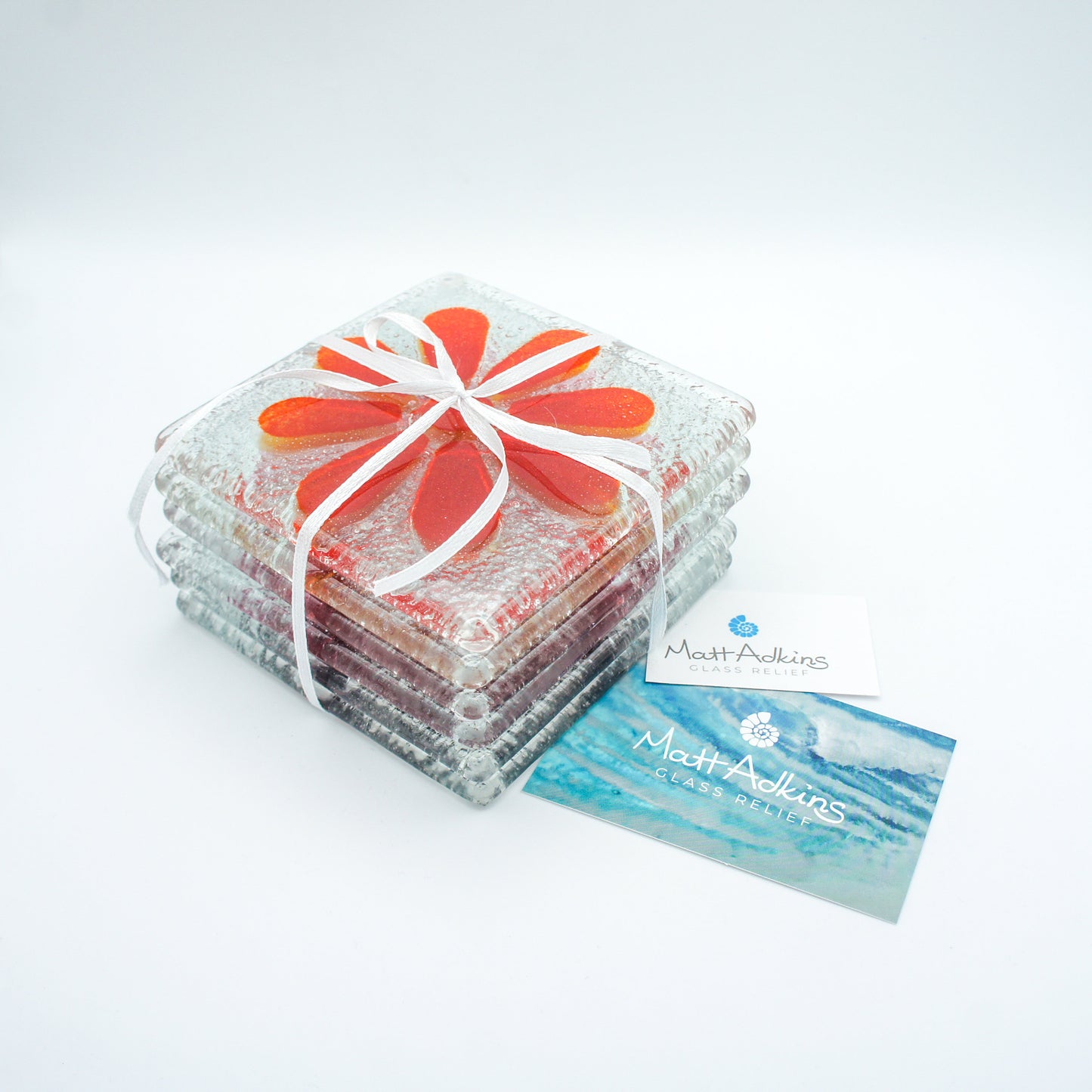 fused glass coasters, flower coaster,	coaster set	dating anniversary	custom coaster	placemats	drinkware	sea glass art	hostess gift	daisy	new home gift	engagement present	house warming	wedding present