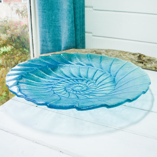 glass bowl, fruit bowl, ammonite glass fruit bowl, fossil ornament, blue teal bowl decor,Beach House Decor, Decorative Bowl, Glass Art