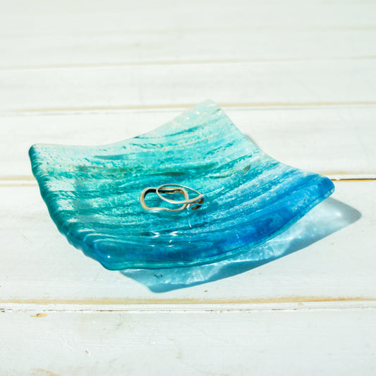 Blue Teal Seabed Glass Dish 10cm(4") with optional organza bag, fused glass trinket dish, ring dish, jewelry bowl, turquoise bathroom decor