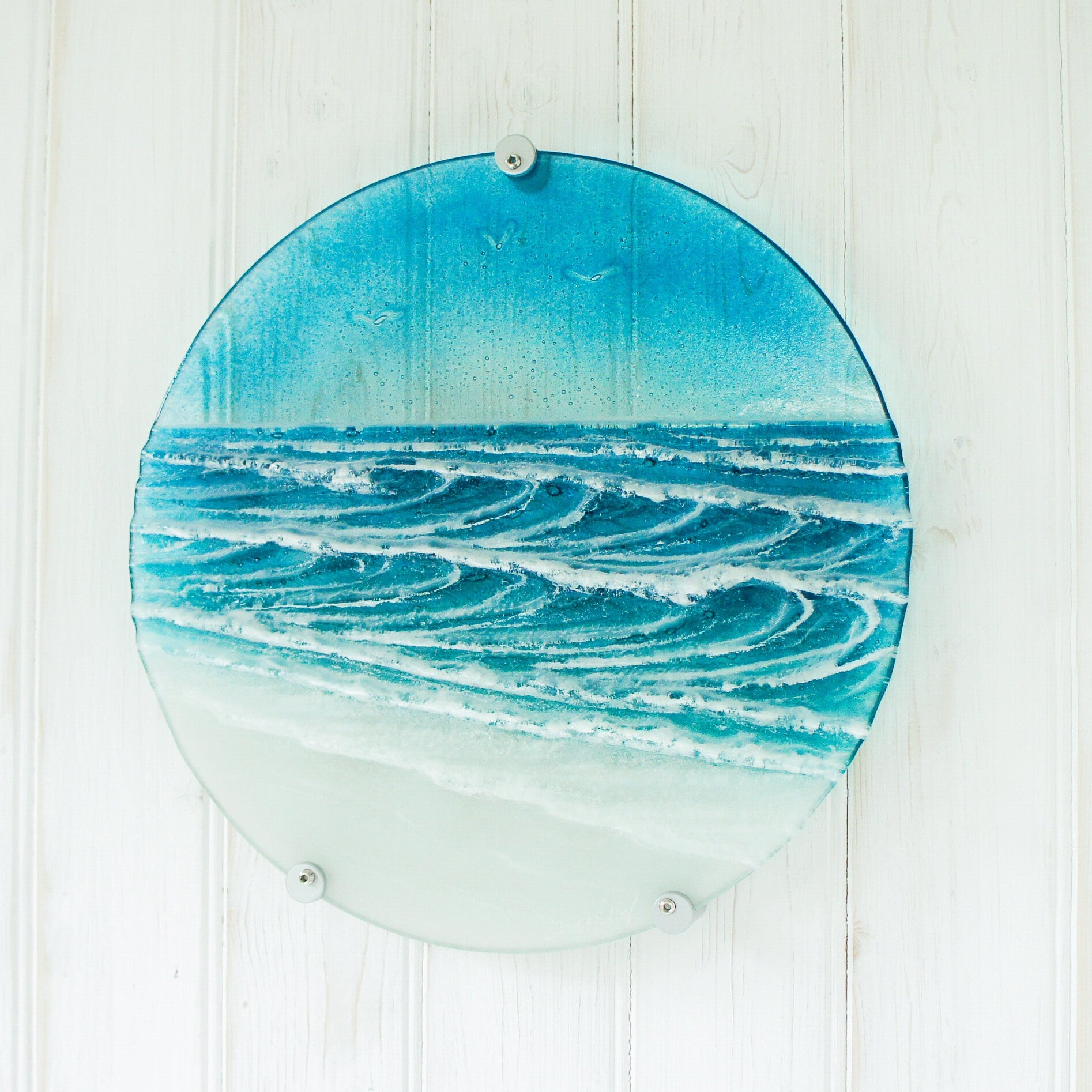 Round Wave Fused Glass Wall Art 29cm (11.5"), Turquoise Blue Circle Glass Wave wall decor, Glass Breaking Wave Sculpture, textured wall art