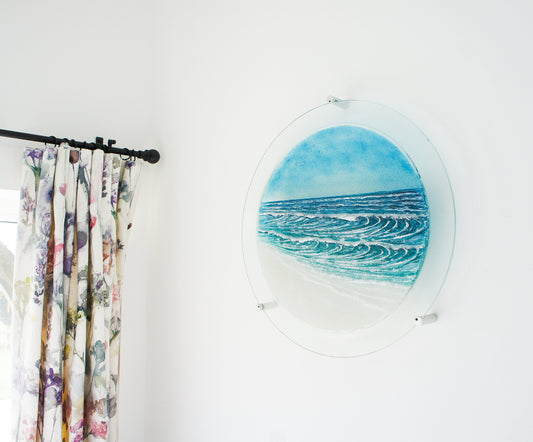 wall glass panel
fused glass wall art
glass porthole
wall glass art
glass wave porthole
round wall panel
circle glass art
round coastal art
modern wall art
teal wall hanging
large wall art
office wall art
textured wall art