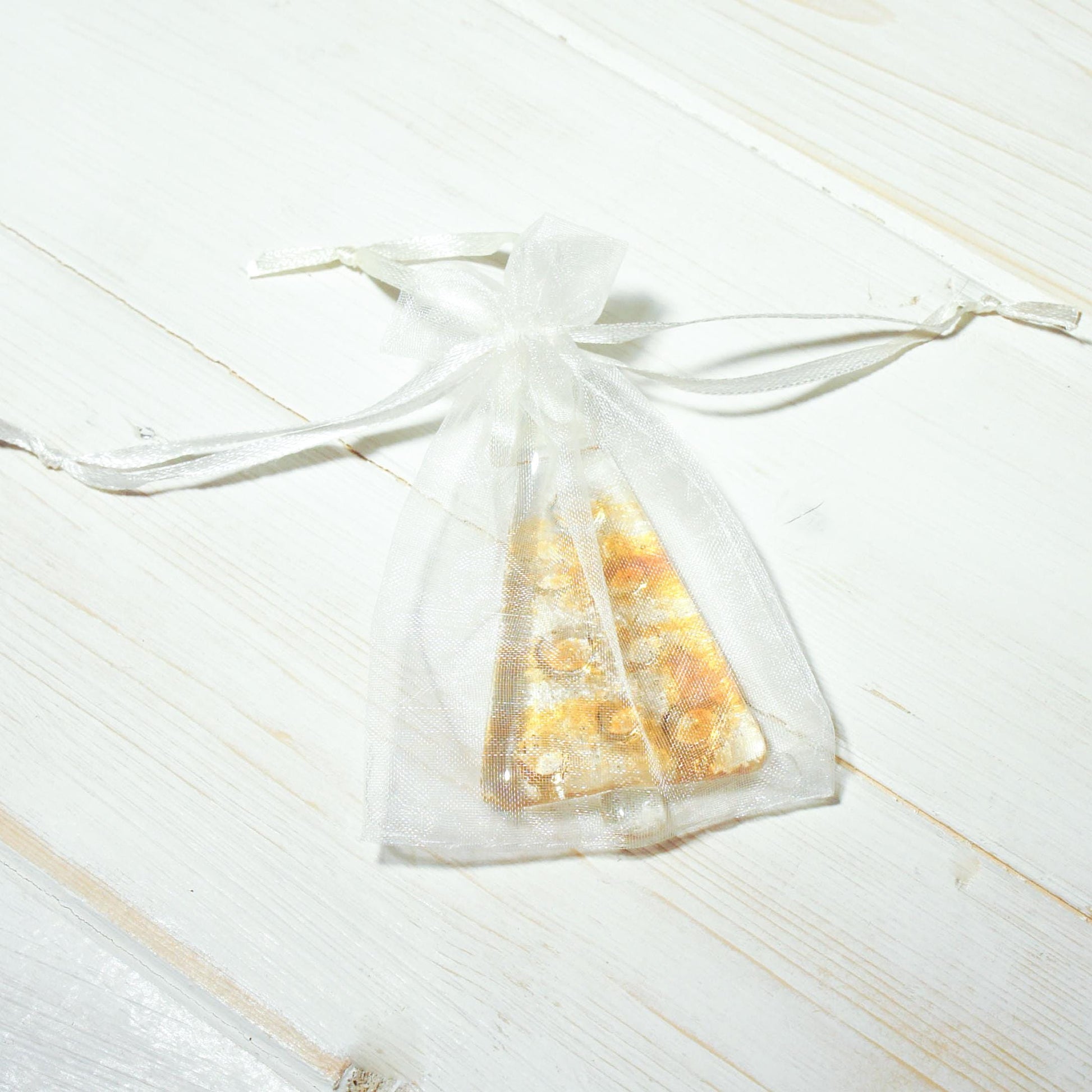 3 to 6 Mini amber gold glass Christmas trees 8x4.5cm (3x1 1/2"), seaglass Christmas tree decoration, hanging tree with ribbon & organza bag