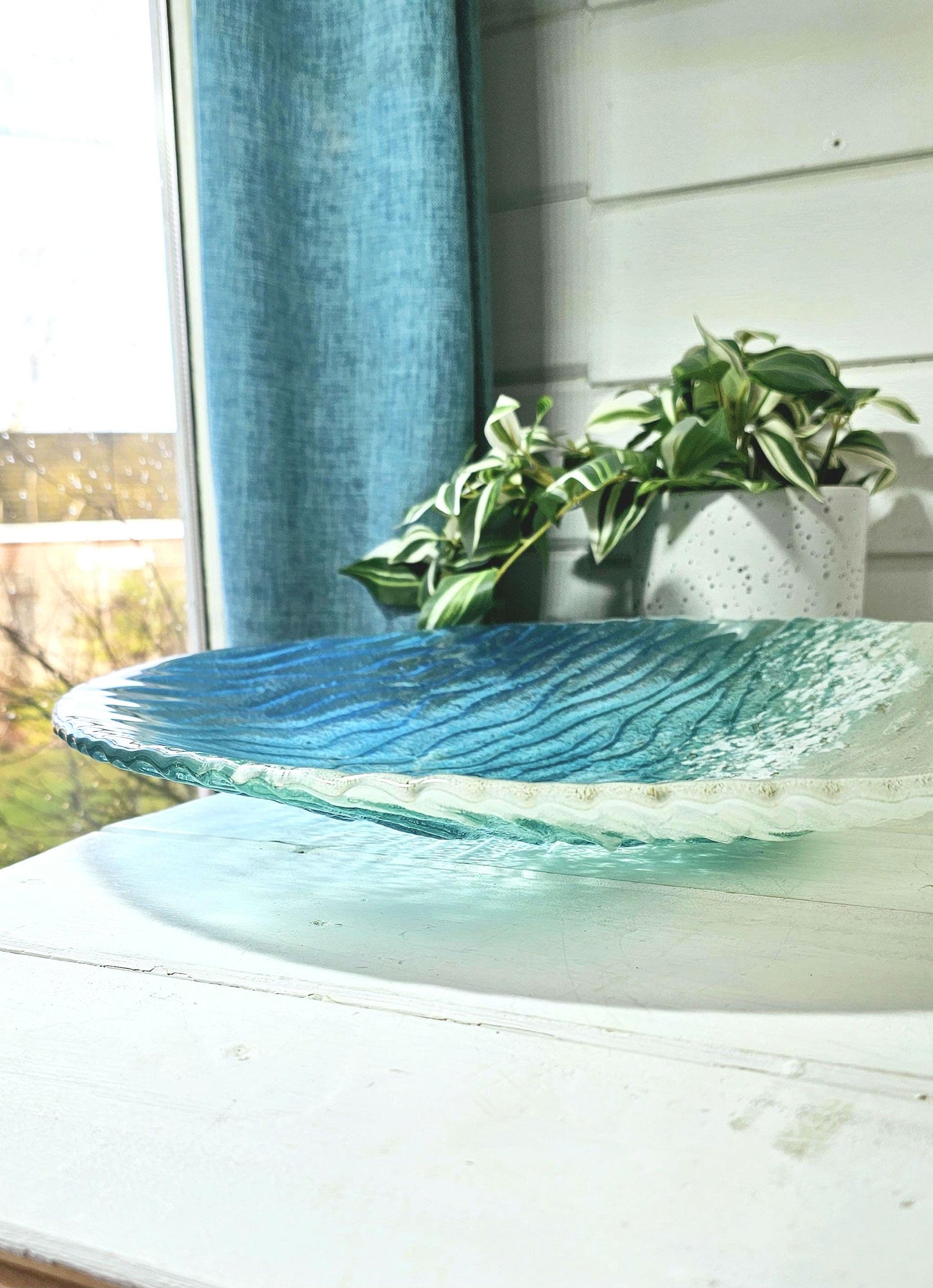 Paradise Glass Bowl 44cm(1/2"), Turquoise Blue Seabed Beach Fused Glass Fruit Bowl, wedding present, dining table centerpiece