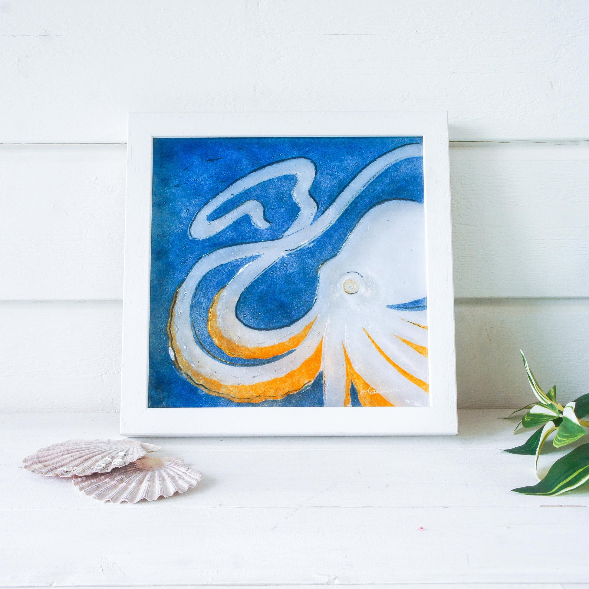 orange octopus frame square, 3d wall art, framed art, bathroom wall art, picture frame, orange wall art, animal prints, home decor, sea glass, nautical, textured art, fused glass, wall hanging, orange decor