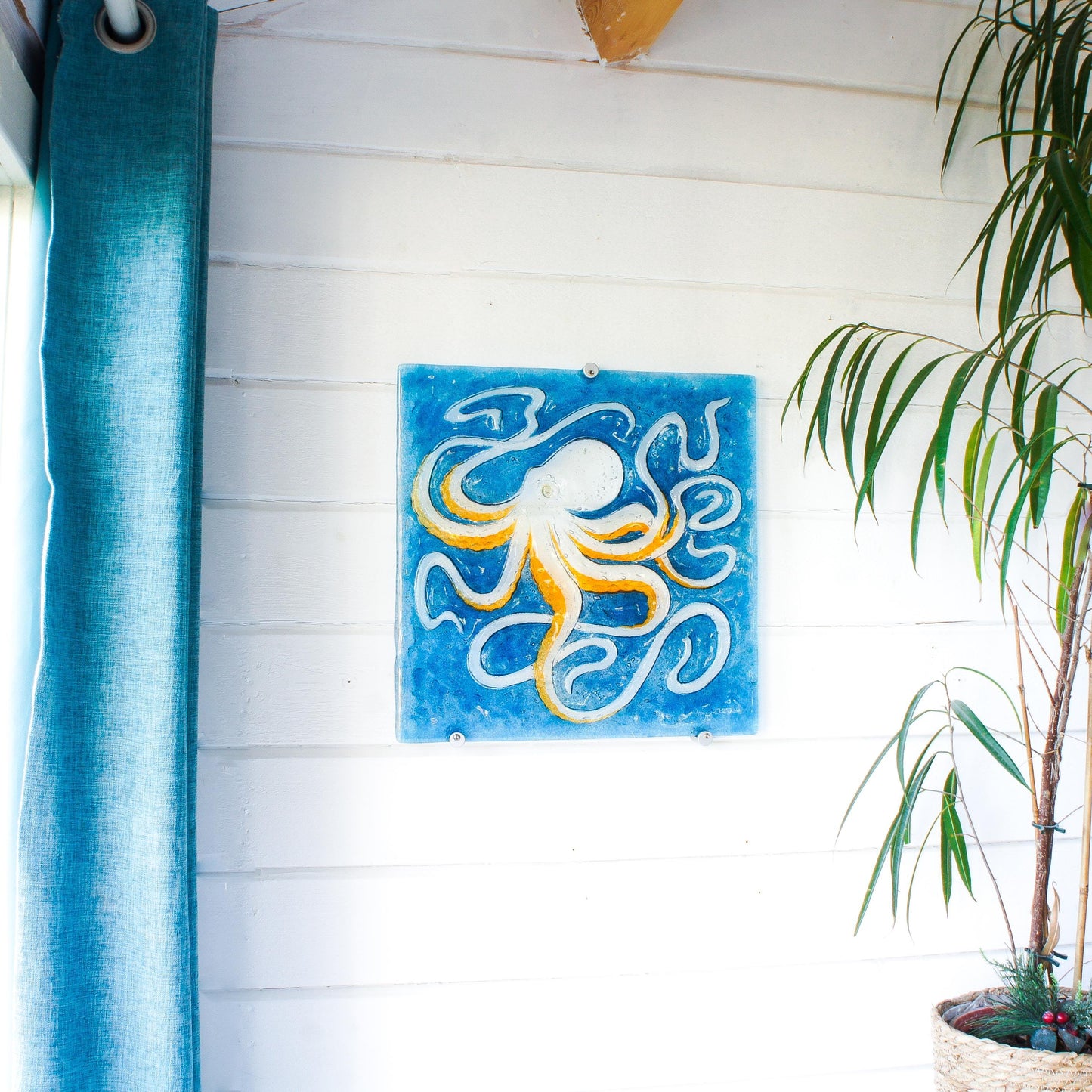 octopus art, wall hanging, blue wall art, wall sculpture, 3d wall art, bathroom art,orange octopus, extra wall art, fused glass art wall decor, modern art, nautical blue orange, square sea glass
