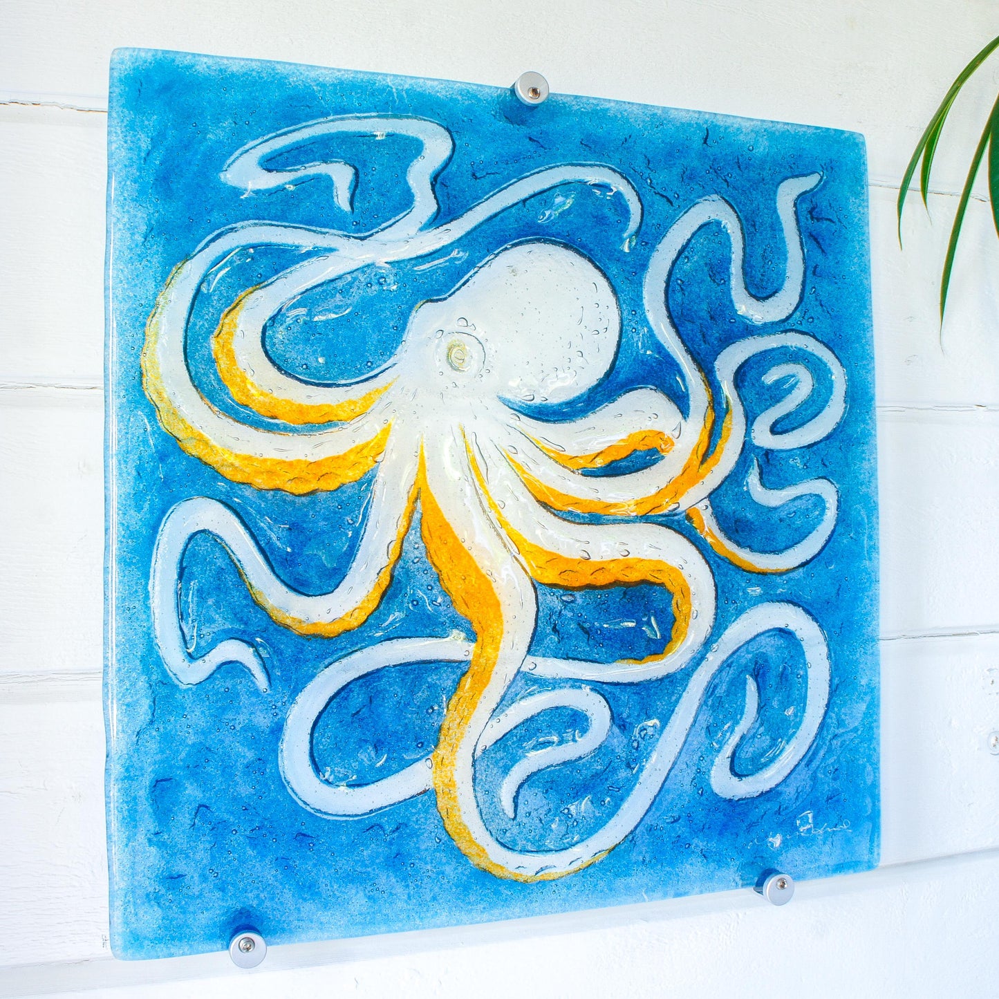 octopus art, wall hanging, blue wall art, wall sculpture, 3d wall art, bathroom art,orange octopus, extra wall art, fused glass art wall decor, modern art, nautical blue orange, square sea glass
