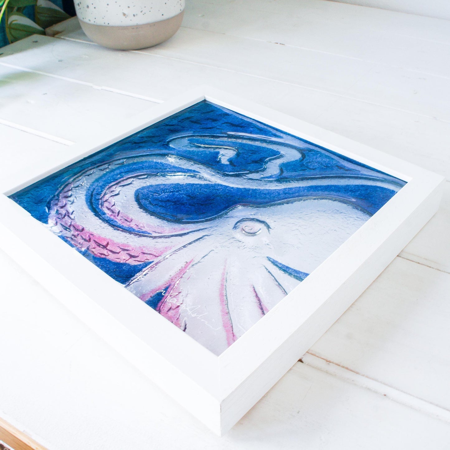 pink octopus frame square, 3d wall art, framed art, bathroom wall art, picture frame, cherry wall art, animal prints, home decor, sea glass, pink decor