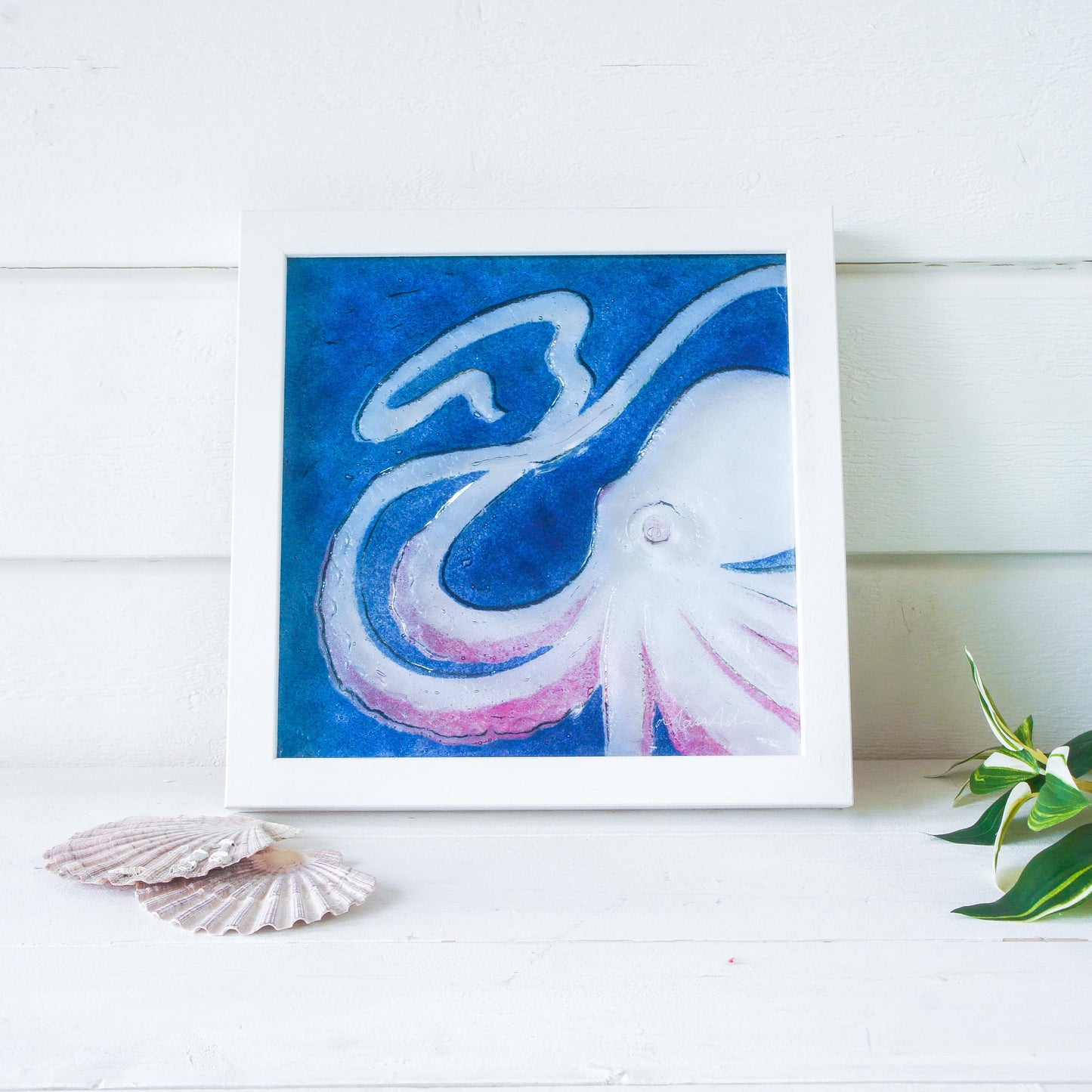 pink octopus frame square, 3d wall art, framed art, bathroom wall art, picture frame, cherry wall art, animal prints, home decor, sea glass, pink decor