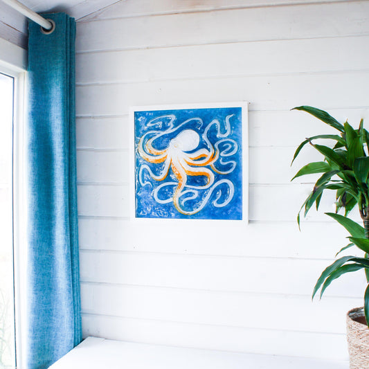 orange octopus frame square, 3d wall art, large framed art, bathroom wall art, picture frame, orange wall art, animal prints, home decor, sea glass, nautical, textured art, fused glass art, wall hanging, large orange blue decor