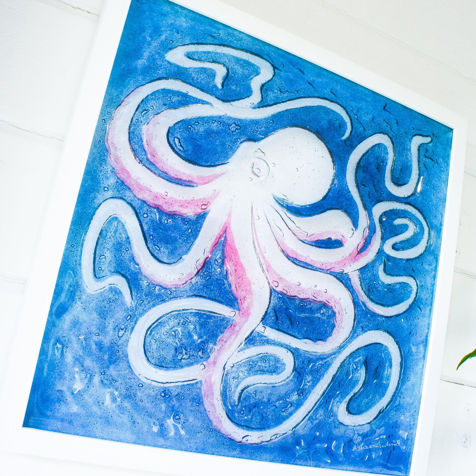 pink octopus frame square, 3d wall art, framed art, bathroom wall art, picture frame, cherry wall art, animal prints, home decor, sea glass, pink decor