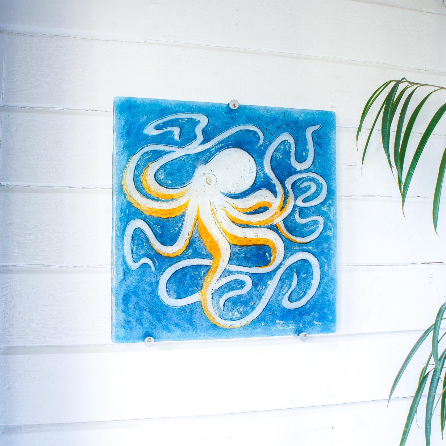 octopus art, wall hanging, blue wall art, wall sculpture, 3d wall art, bathroom art,orange octopus, extra wall art, fused glass art wall decor, modern art, nautical blue orange, square sea glass