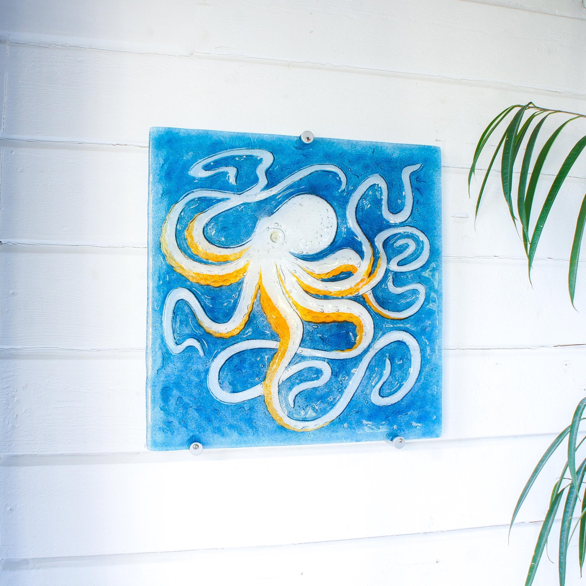 octopus art, wall hanging, blue wall art, wall sculpture, 3d wall art, bathroom art,orange octopus, extra wall art, fused glass art wall decor, modern art, nautical blue orange, square sea glass