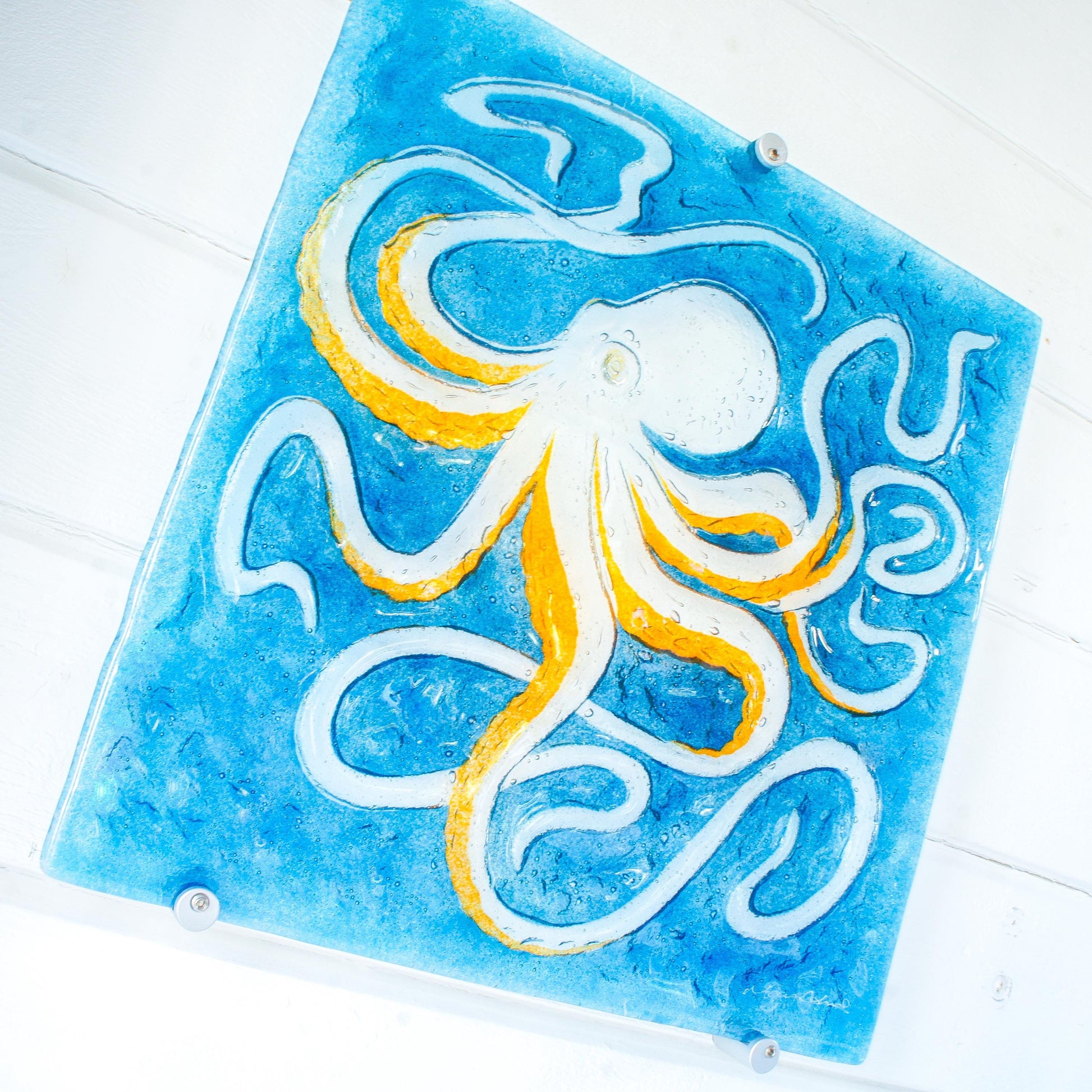 octopus art, wall hanging, blue wall art, wall sculpture, 3d wall art, bathroom art,orange octopus, extra wall art, fused glass art wall decor, modern art, nautical blue orange, square sea glass