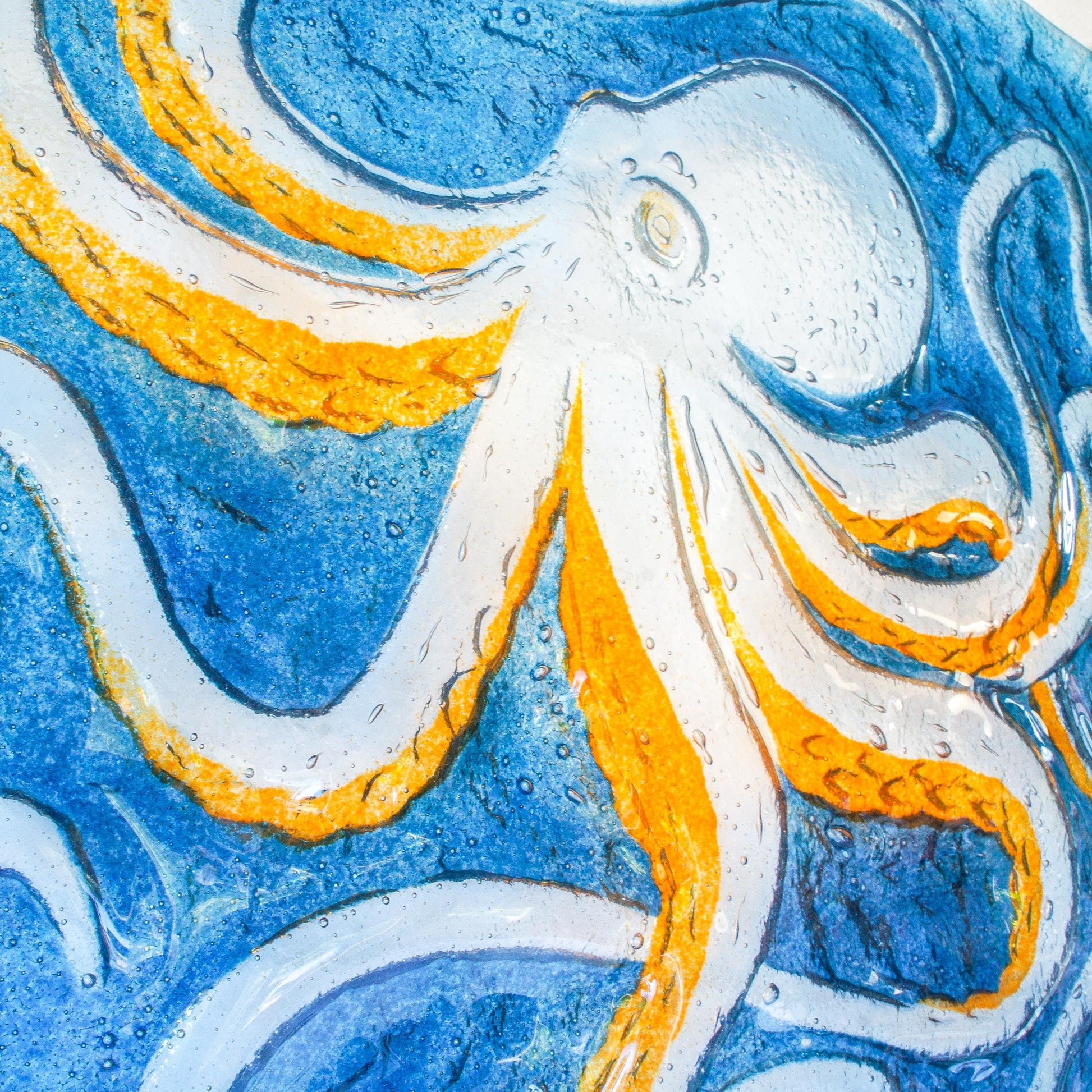 octopus art, wall hanging, blue wall art, wall sculpture, 3d wall art, bathroom art,orange octopus, extra wall art, fused glass art wall decor, modern art, nautical blue orange, square sea glass
