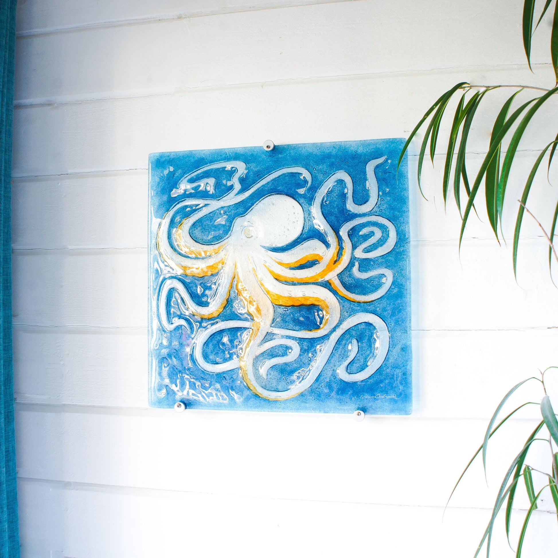 octopus art, wall hanging, blue wall art, wall sculpture, 3d wall art, bathroom art,orange octopus, extra wall art, fused glass art wall decor, modern art, nautical blue orange, square sea glass