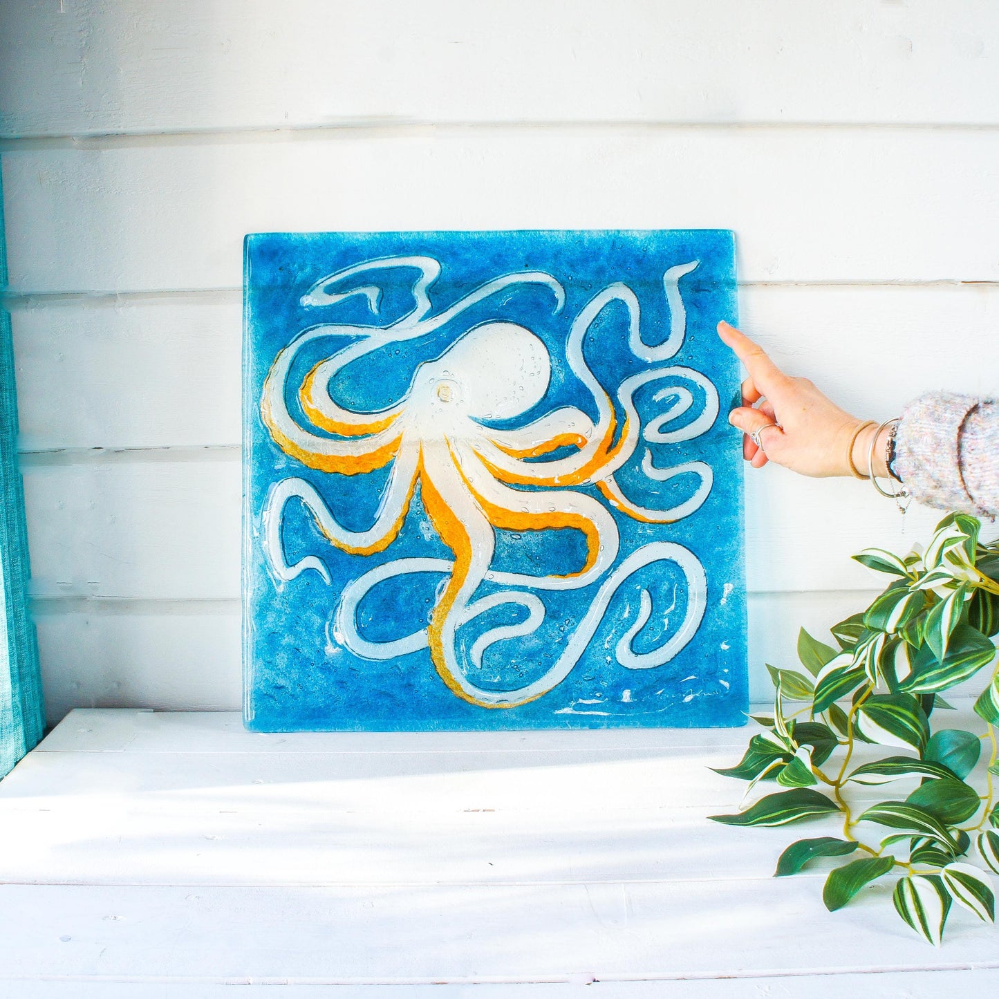 octopus art, wall hanging, blue wall art, wall sculpture, 3d wall art, bathroom art,orange octopus, extra wall art, fused glass art wall decor, modern art, nautical blue orange, square sea glass