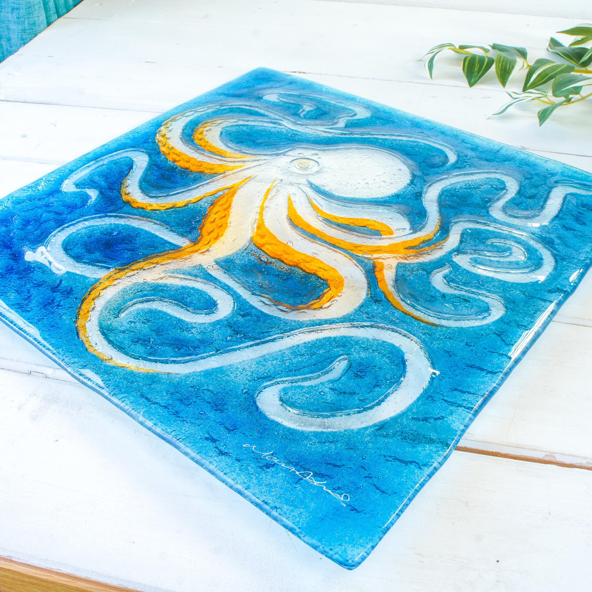 octopus art, wall hanging, blue wall art, wall sculpture, 3d wall art, bathroom art,orange octopus, extra wall art, fused glass art wall decor, modern art, nautical blue orange, square sea glass