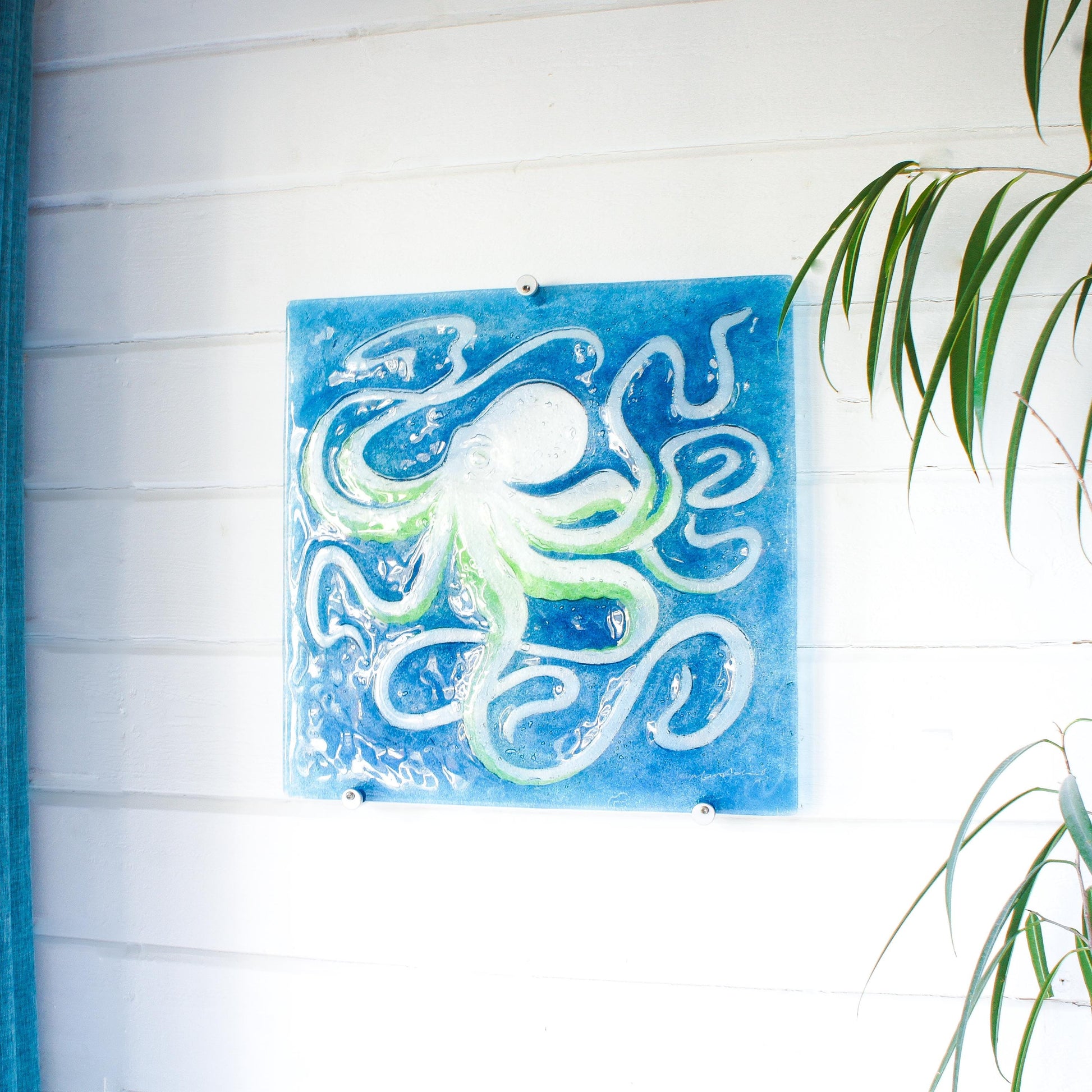 octopus art, wall hanging, blue wall art, wall sculpture, 3d wall art, bathroom art, lime green octopus, extra wall art, fused glass art wall decor, modern art, nautical blue orange, square sea glass