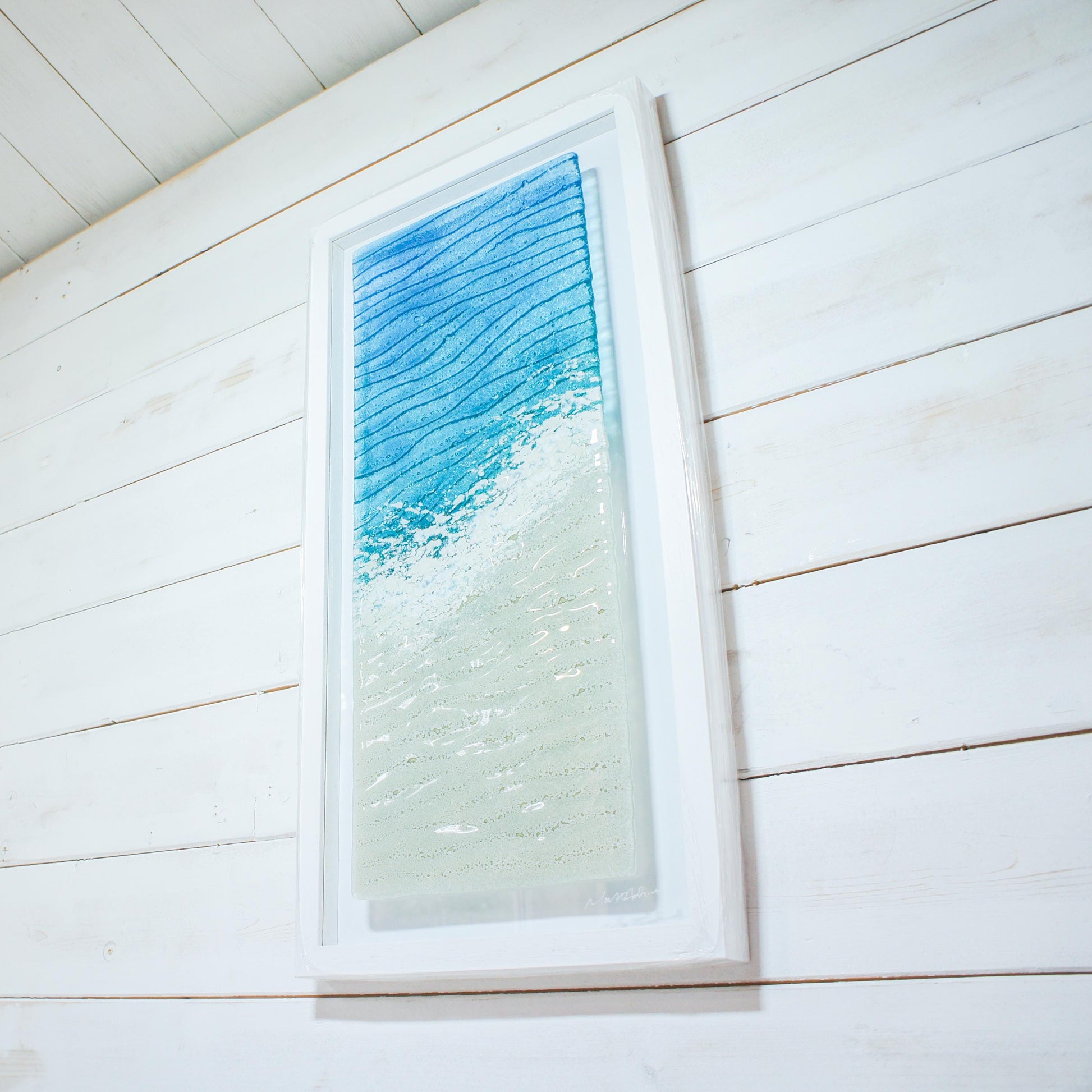 portrait beach turquoise teal blue fused glass frame 30x60cm