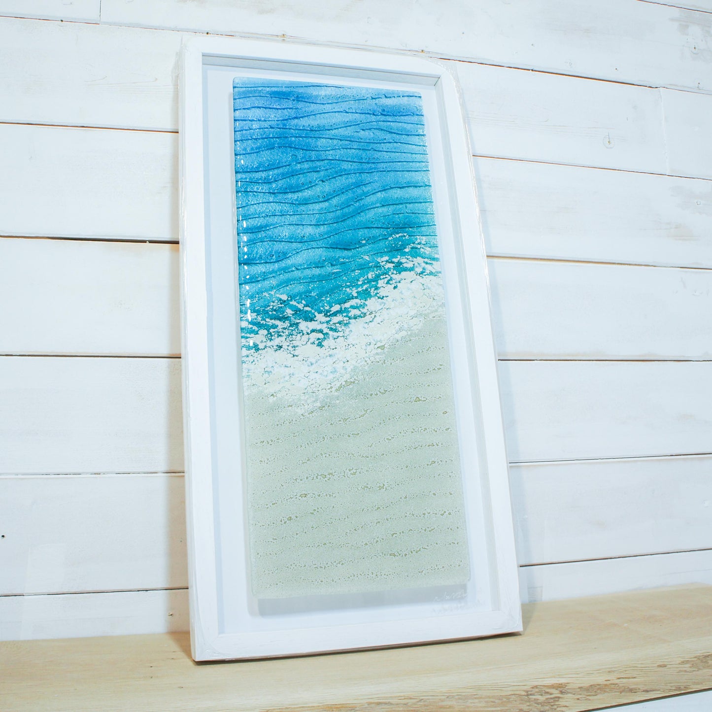 portrait beach turquoise teal blue fused glass frame 30x60cm