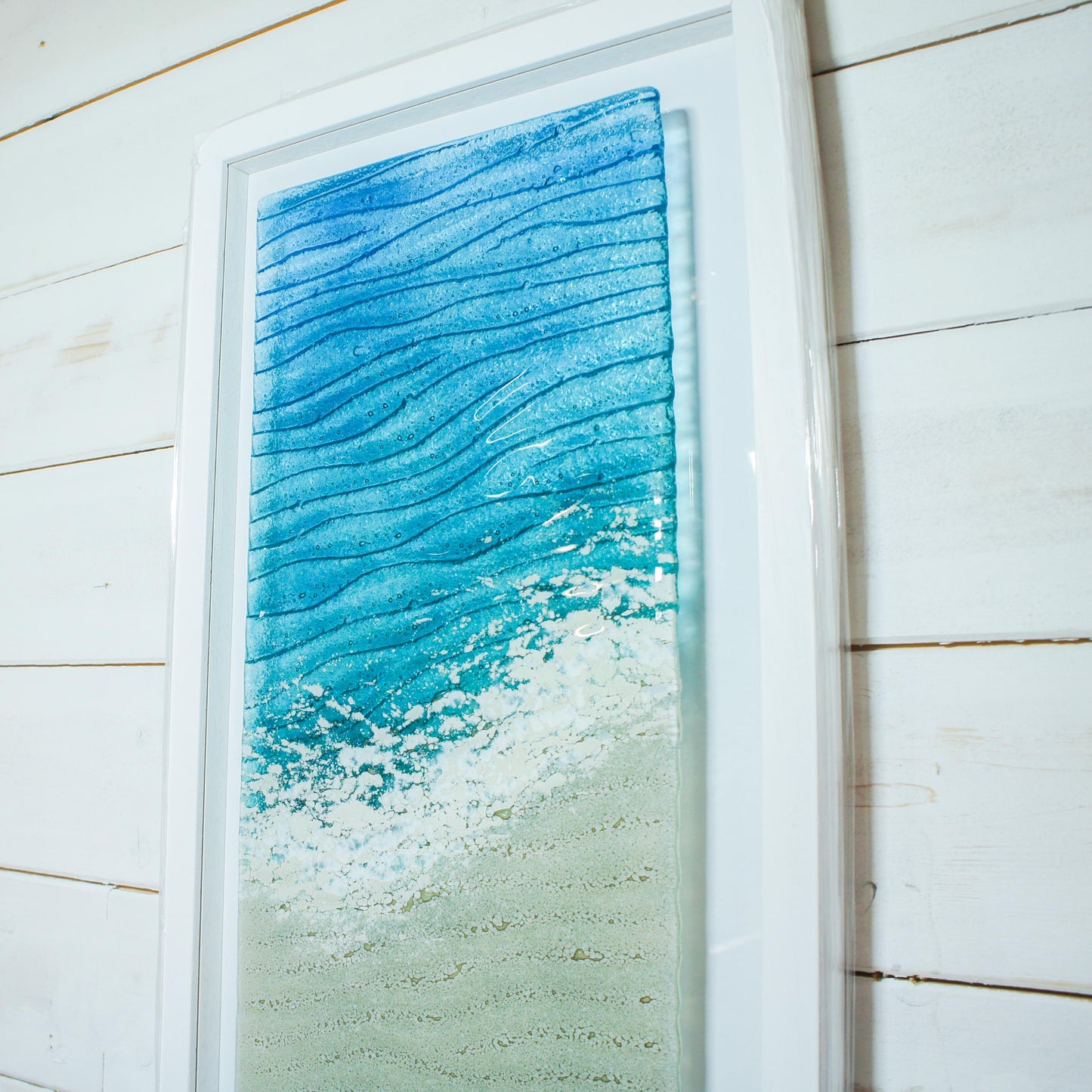 Large Paradise Frame Portrait 30x60cm(12x23 1/2"), Large Beach Fused Glass Wall Art, teal blue coastal wave frame, glass wave wall sculpture