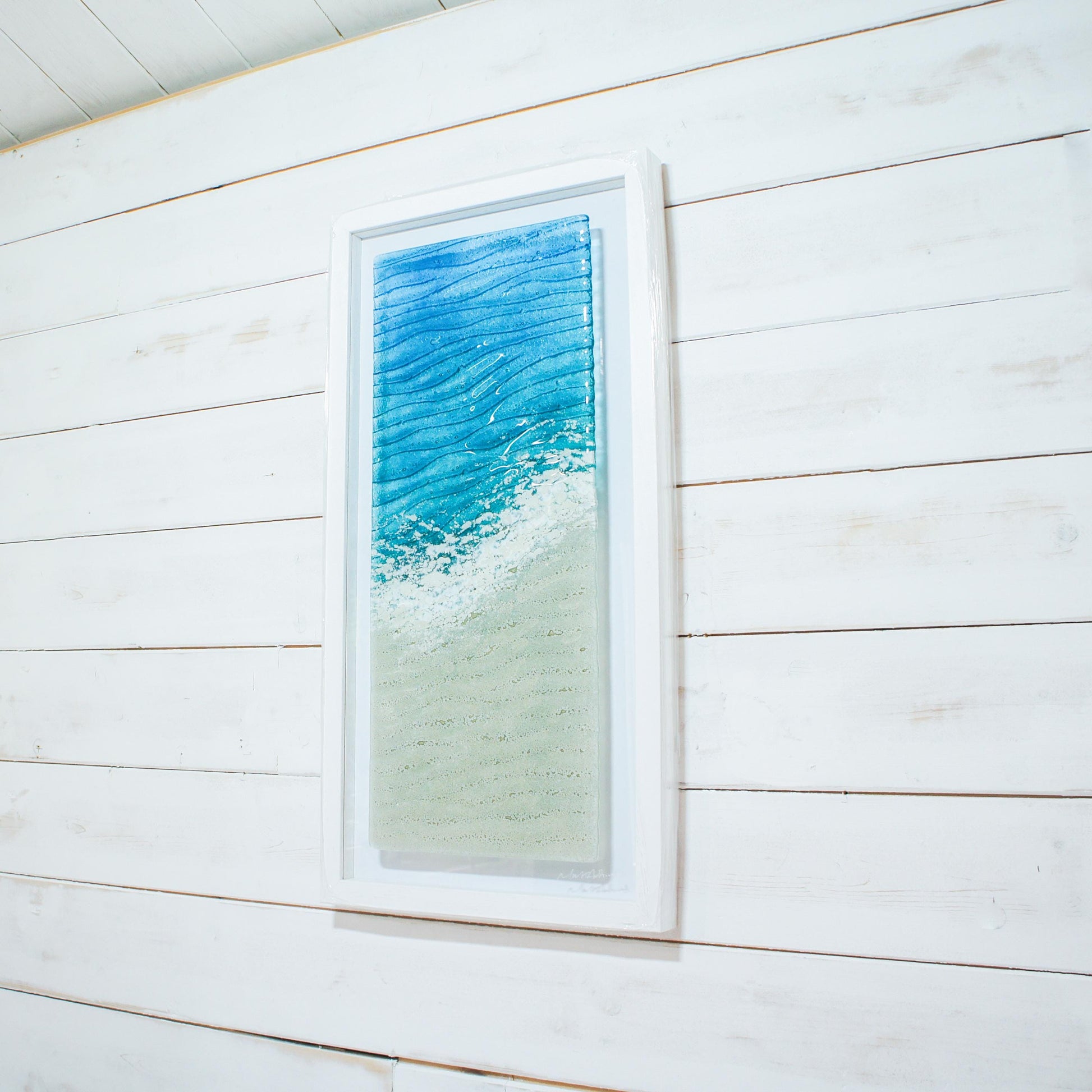 portrait beach turquoise teal blue fused glass frame 30x60cm