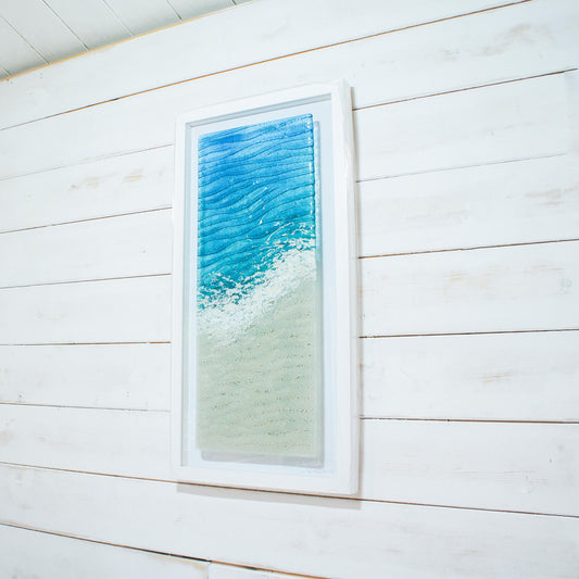 portrait beach turquoise teal blue fused glass frame 30x60cm
