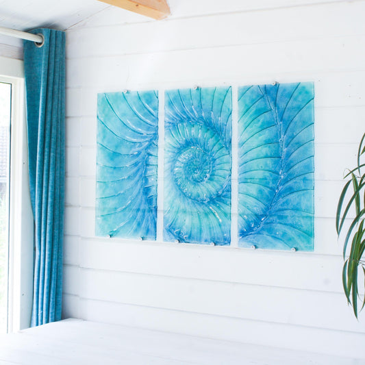 blue turquoise dark blue ammonite triptych wall art fused glass