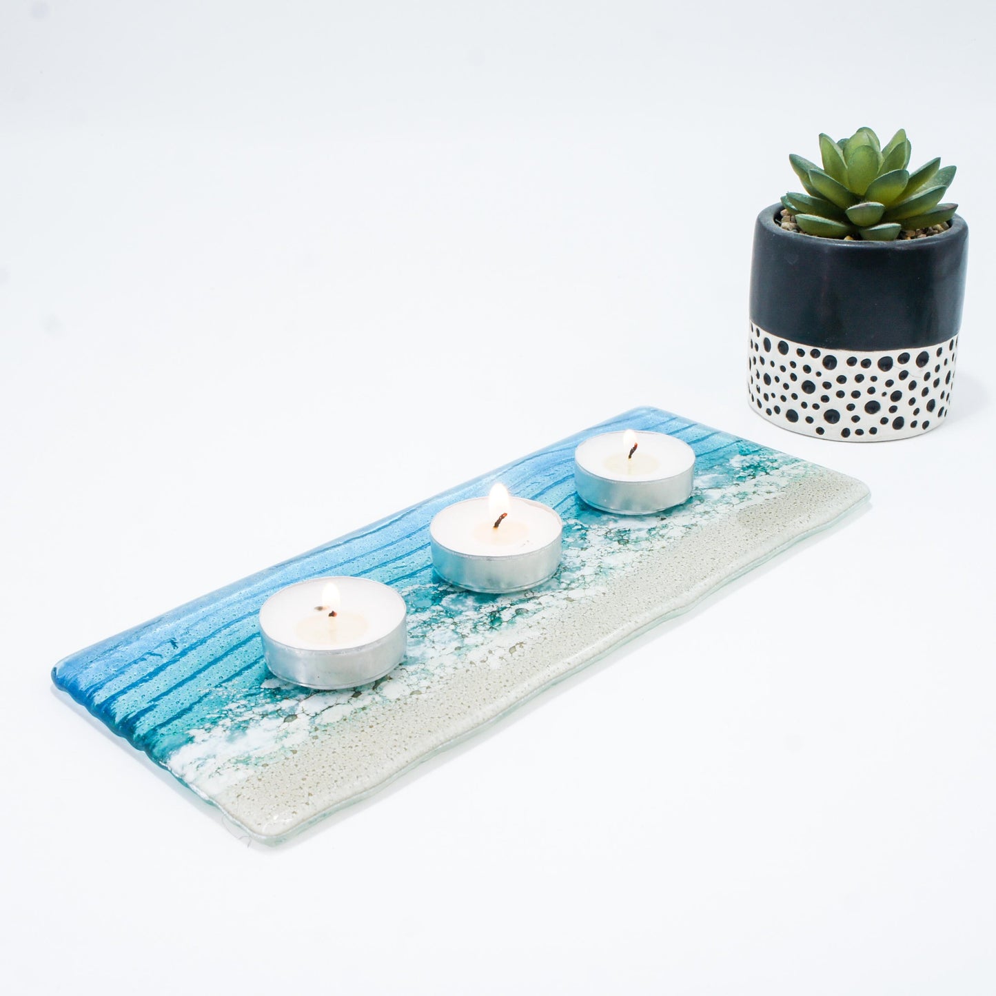 office accessory
tea light stand
fused glass candle
candle display
coastal handmade
tea light tray
gift for her
teal candle stand
blue candle holder
christmas gifts
coastal home present
turquoise home gift
