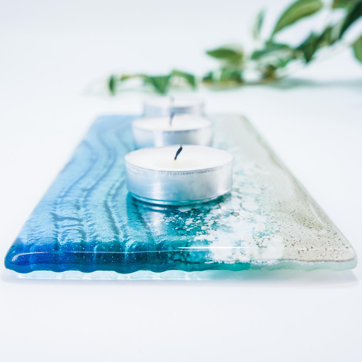 office accessory
tea light stand
fused glass candle
candle display
coastal handmade
tea light tray
gift for her
teal candle stand
blue candle holder
christmas gifts
coastal home present
turquoise home gift