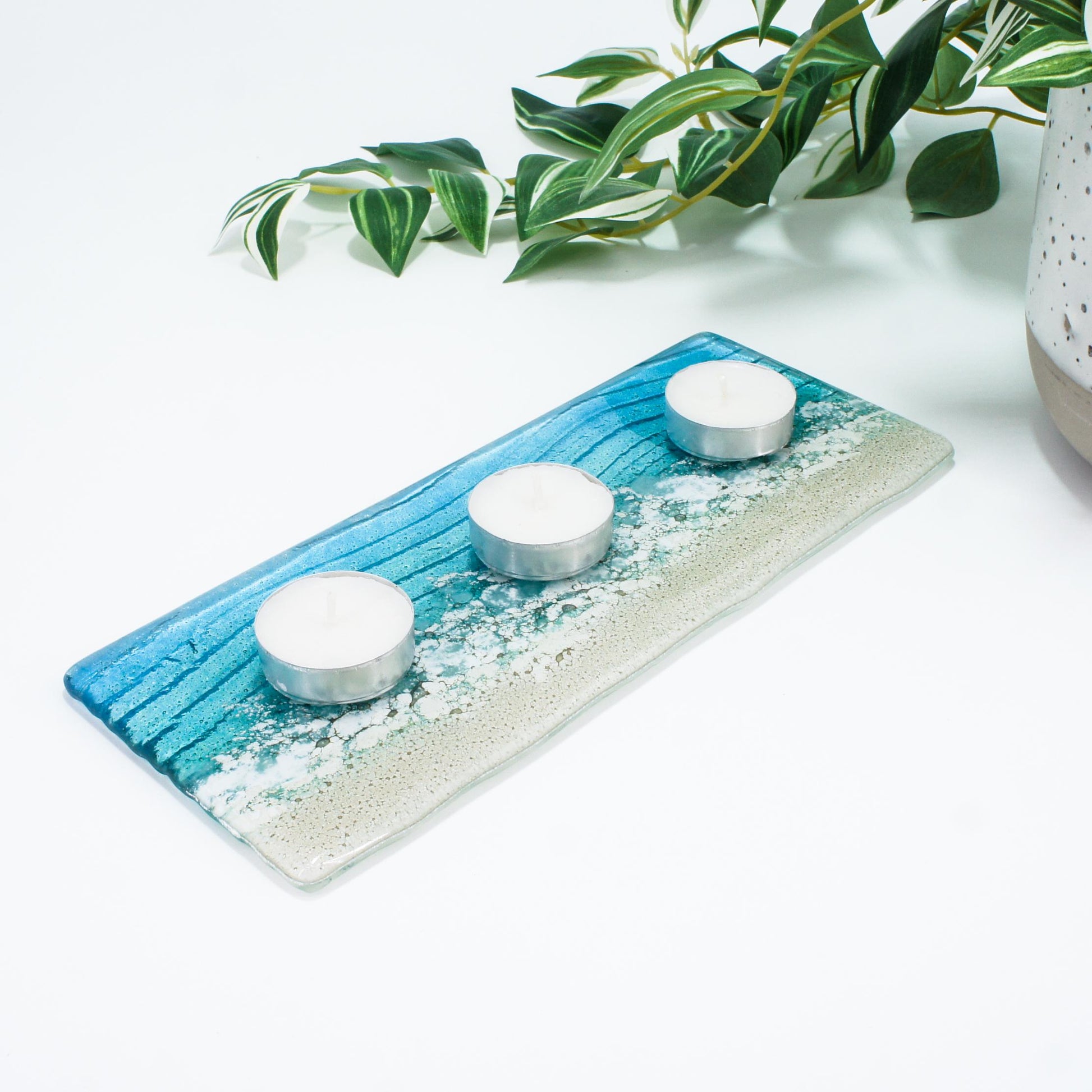 office accessory
tea light stand
fused glass candle
candle display
coastal handmade
tea light tray
gift for her
teal candle stand
blue candle holder
christmas gifts
coastal home present
turquoise home gift