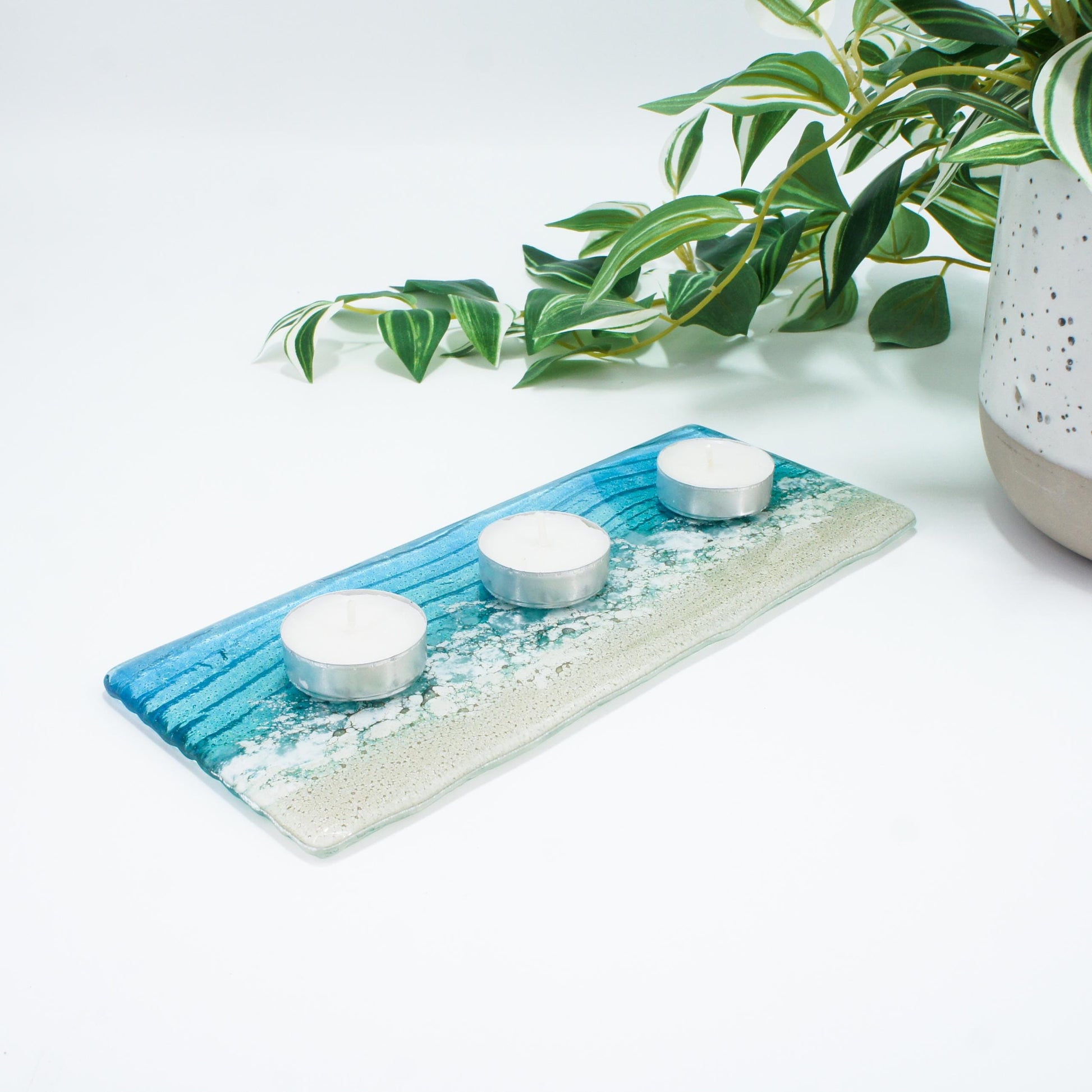 office accessory
tea light stand
fused glass candle
candle display
coastal handmade
tea light tray
gift for her
teal candle stand
blue candle holder
christmas gifts
coastal home present
turquoise home gift