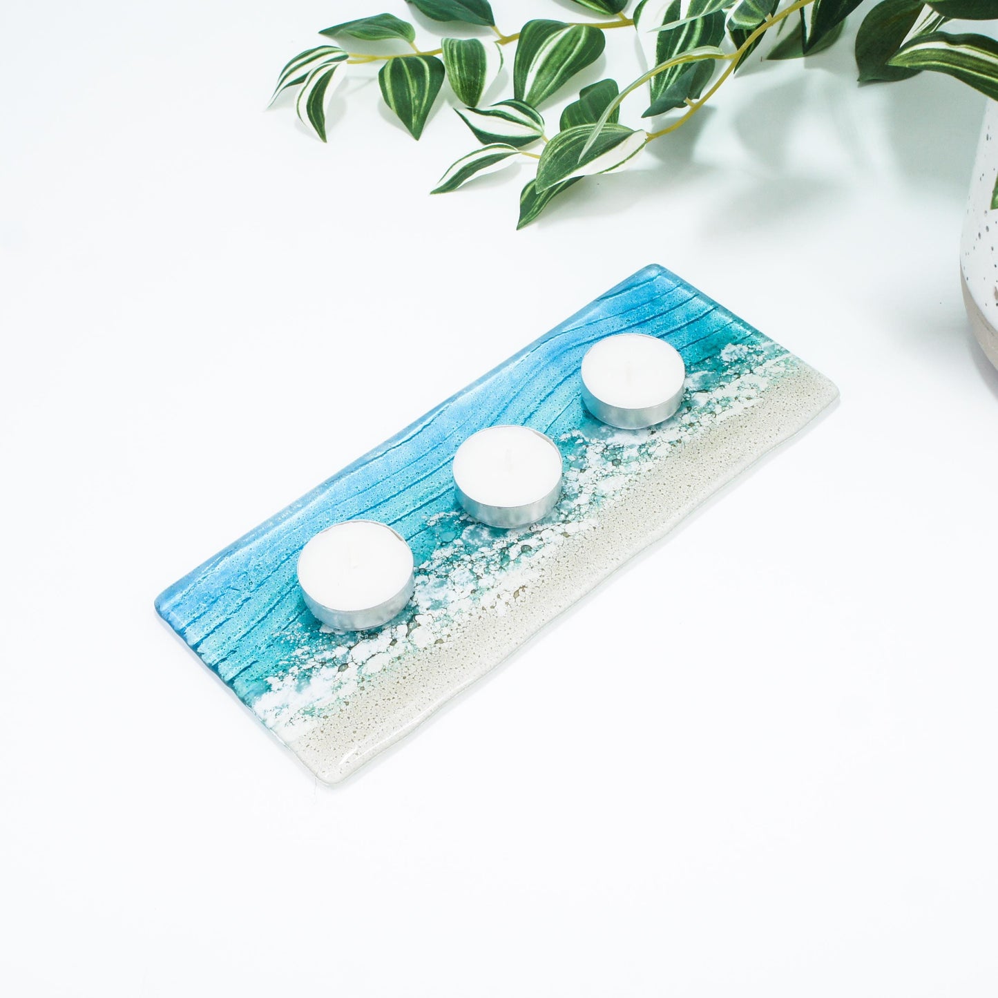 office accessory
tea light stand
fused glass candle
candle display
coastal handmade
tea light tray
gift for her
teal candle stand
blue candle holder
christmas gifts
coastal home present
turquoise home gift