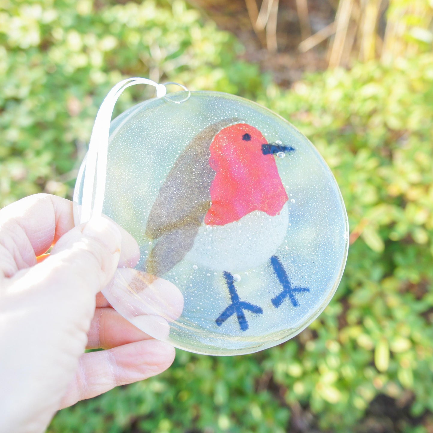 robin round hanging suncatcher hanging ornament	housewarming gifts	garden decor	yard art	fused glass	thank you present	nanny gift	Seal	Glass Suncatcher	sea glass art	first home gift	teenage girl gift	gifts for friends