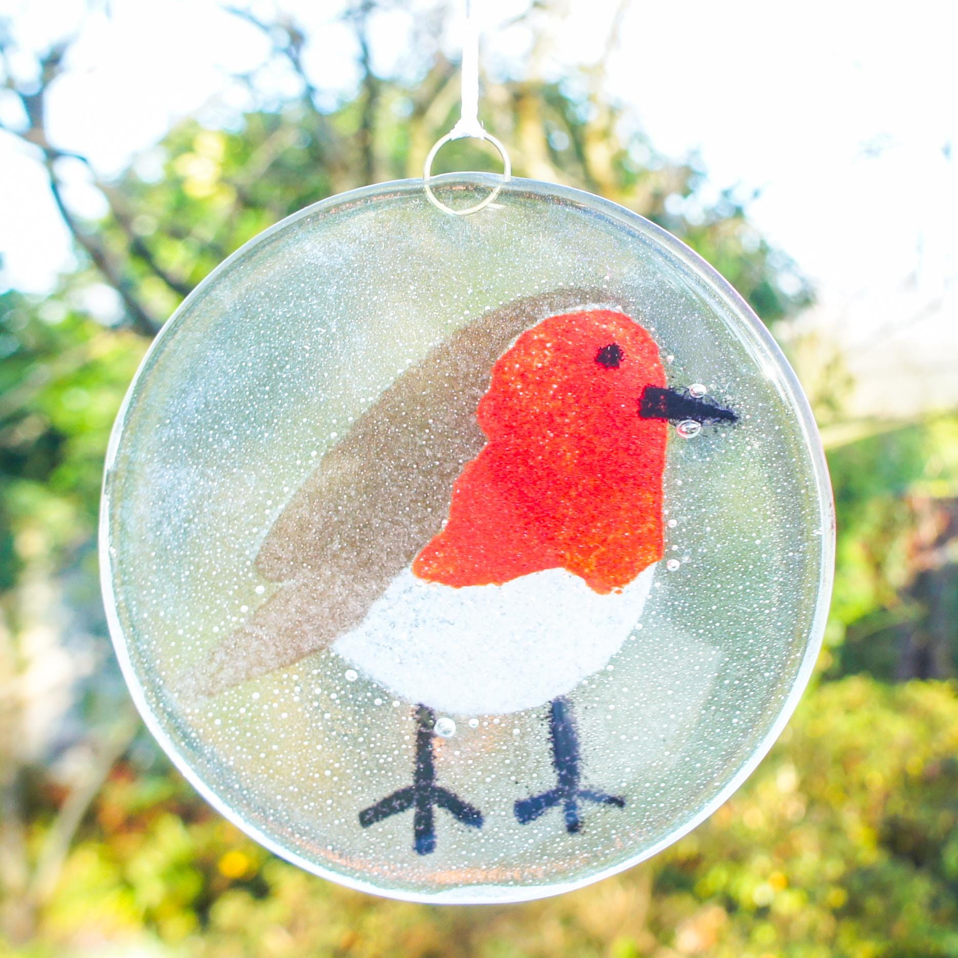 robin round hanging suncatcher hanging ornament	housewarming gifts	garden decor	yard art	fused glass	thank you present	nanny gift	Seal	Glass Suncatcher	sea glass art	first home gift	teenage girl gift	gifts for friends